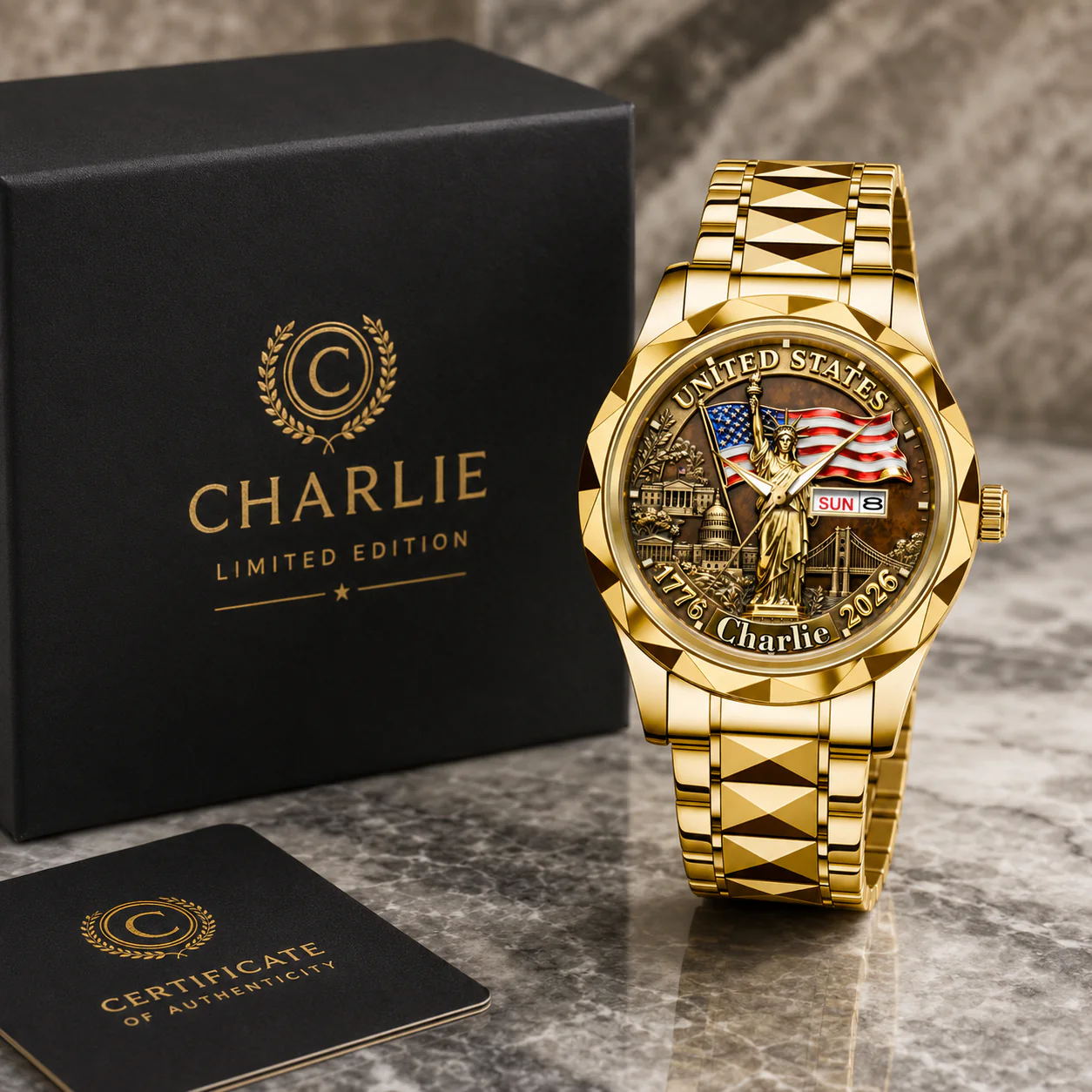 United States 250th Anniversary Statue of Liberty - Personalized Men's Wrist Watch - Gift For Men, Patriots - Image 3