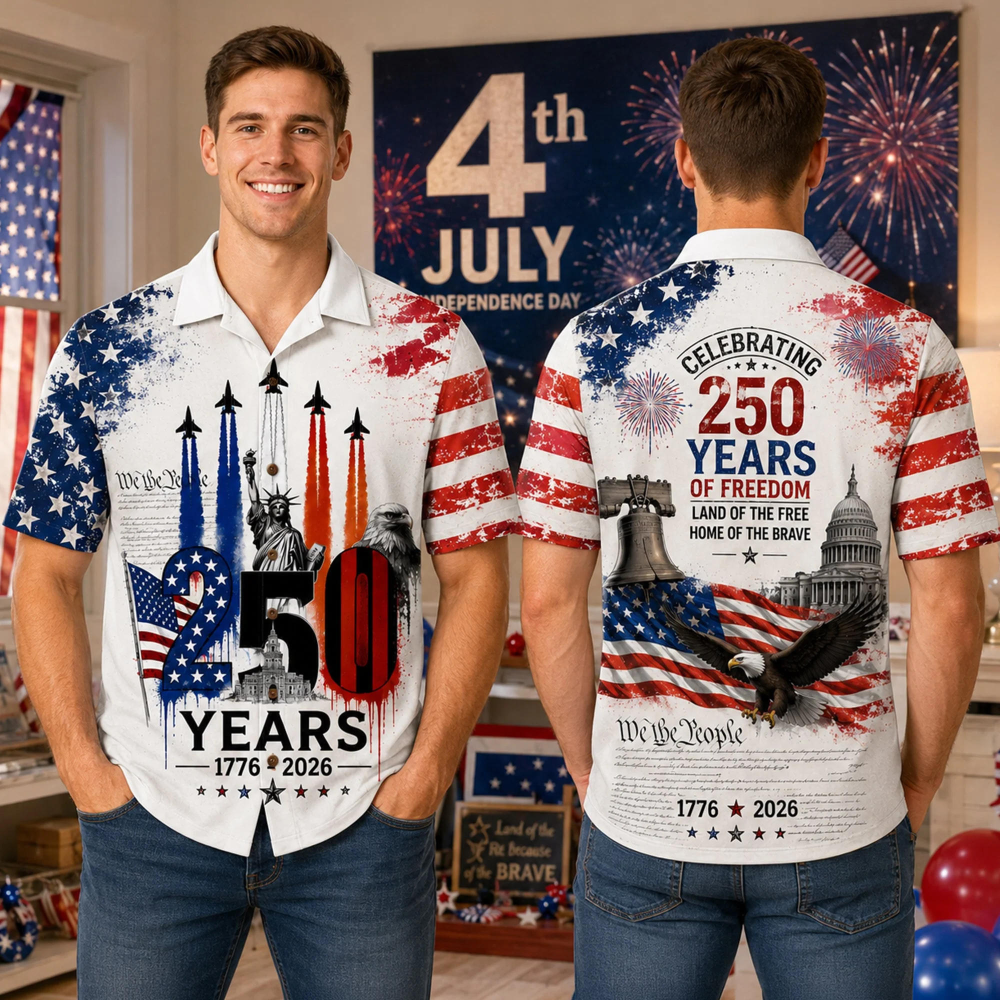 US 250th Anniversary Celebrating - Personalized Hawaiian Shirt - Patriotic Gift For Him