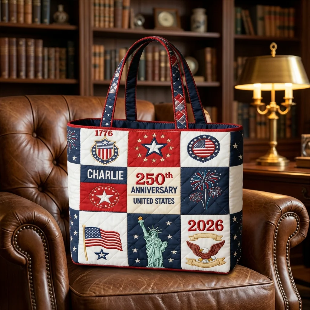 US 250th Anniversary Floral - Personalized Quilted Tote Bag - Patriotic Gift For Her - Image 2