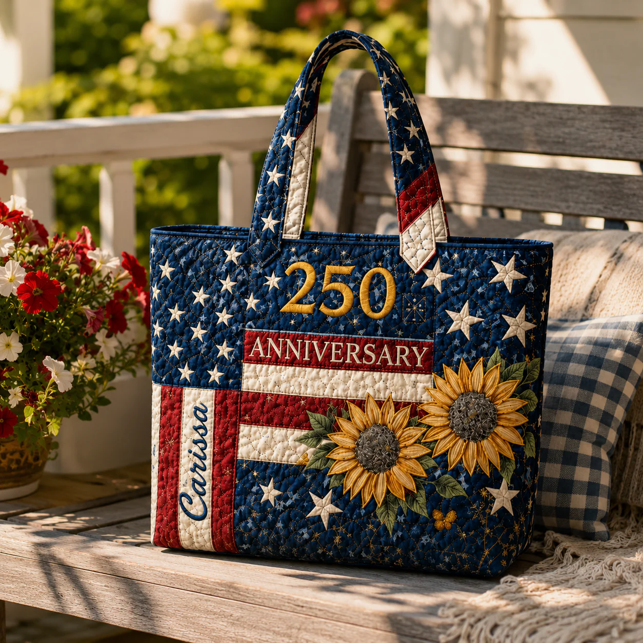 US 250th Anniversary Patriotic Sunflowers - Personalized Quilted Tote Bag - Patriotic Gift For Her