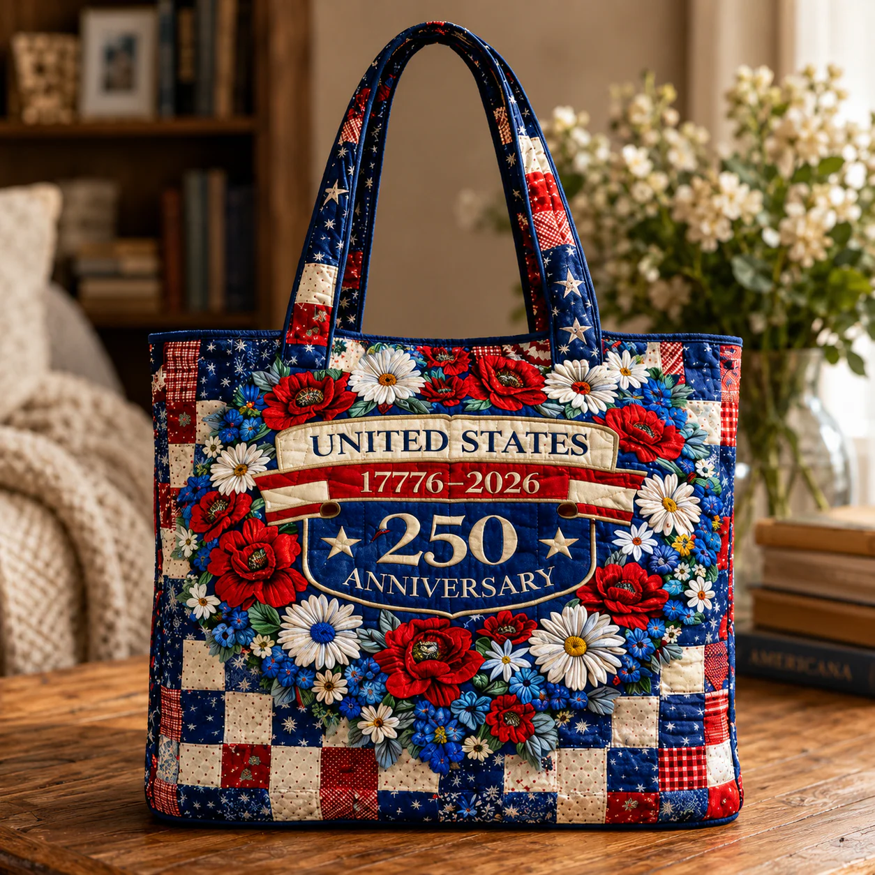 US 250th Anniversary United States Floral - Quilted Tote Bag - Patriotic Gift For Her