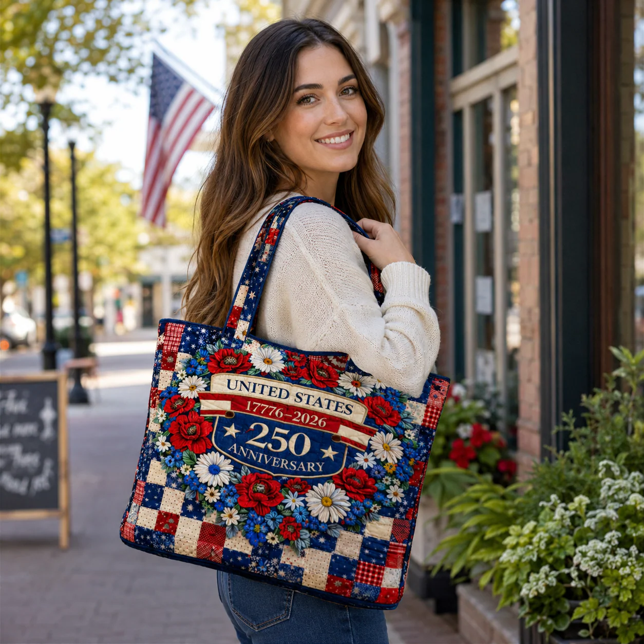 US 250th Anniversary United States Floral - Quilted Tote Bag - Patriotic Gift For Her - Image 2
