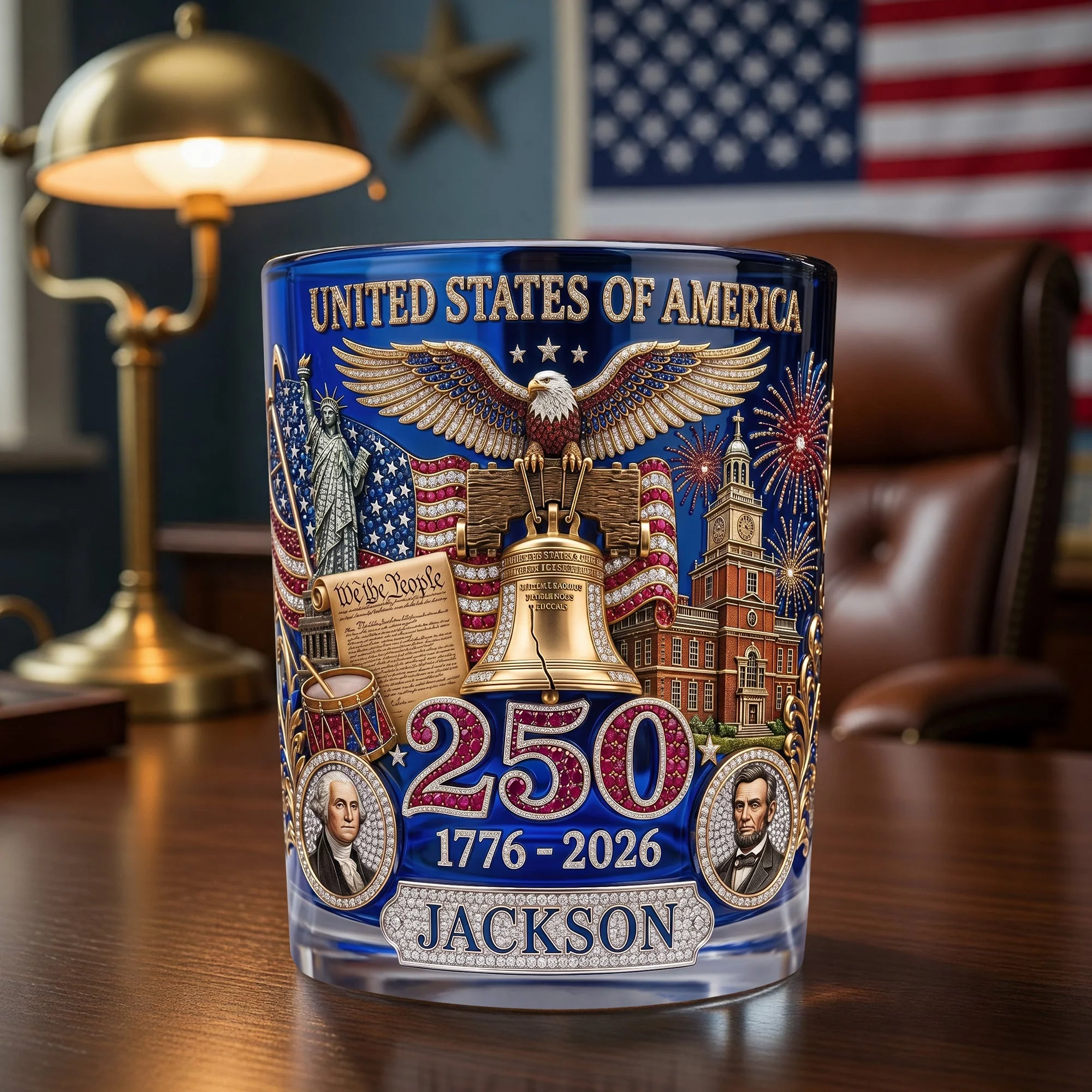 US 250th Liberty Bell Washington Lincoln - Personalized Whiskey Glass - Gift For Him