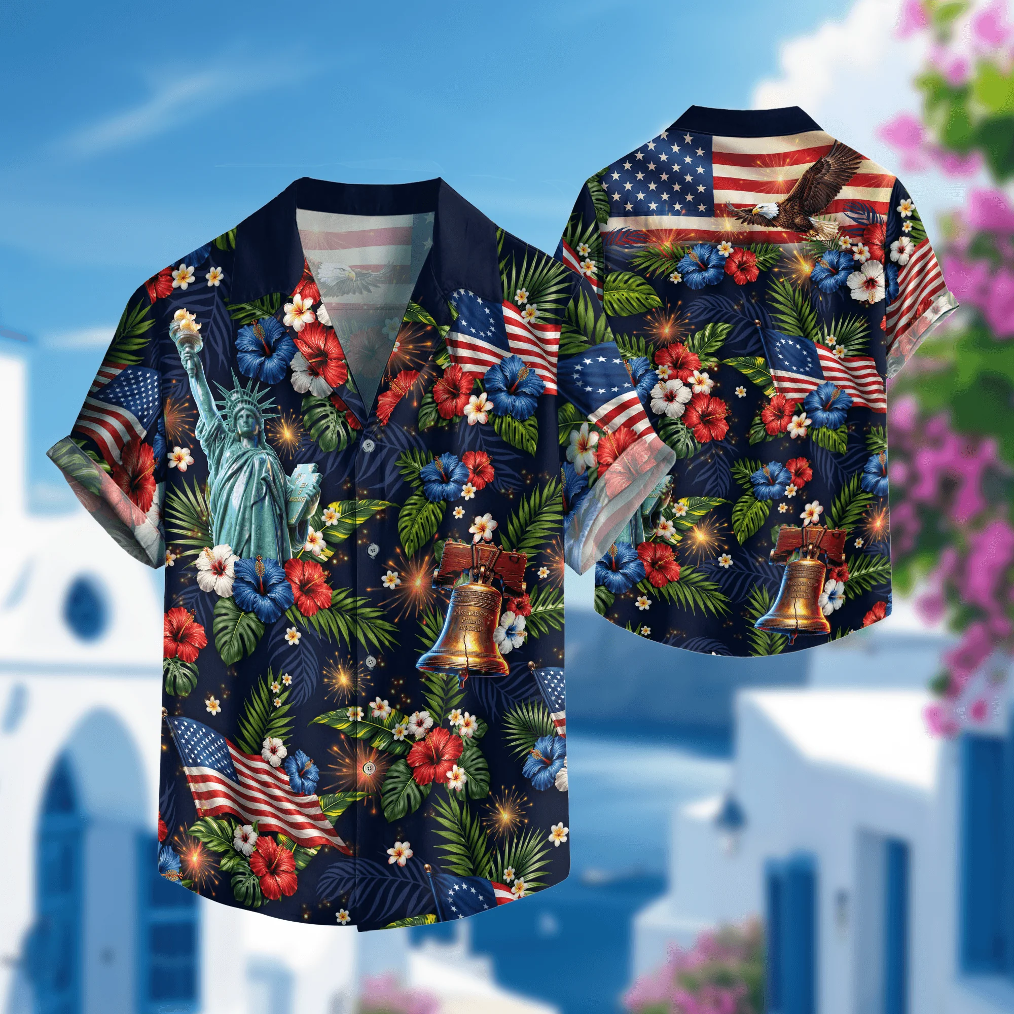 US Flag Hibiscus Floral Eagle Liberty Bell Hawaiian Shirt - Patriotic Gift For Him