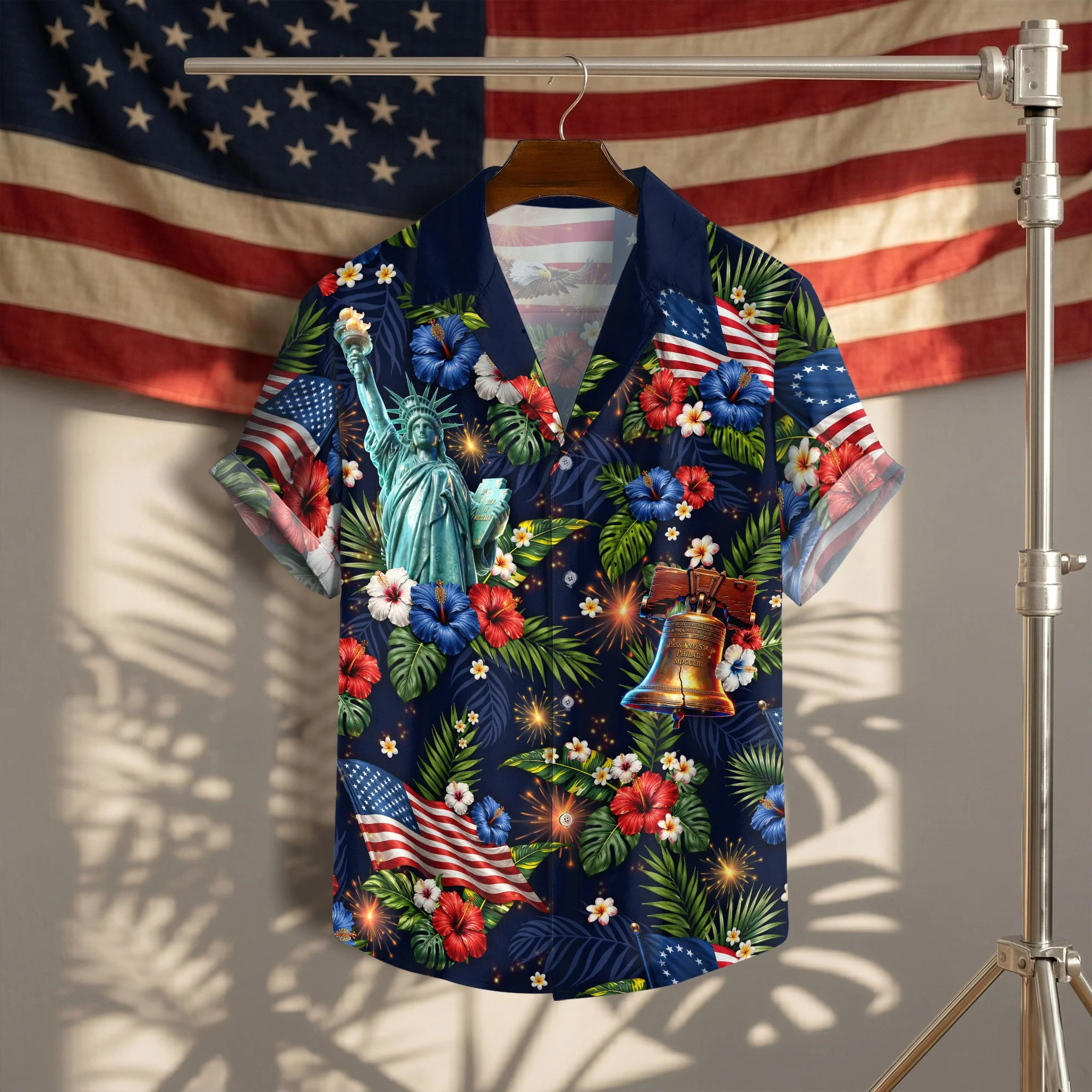 US Flag Hibiscus Floral Eagle Liberty Bell Hawaiian Shirt - Patriotic Gift For Him - Image 2