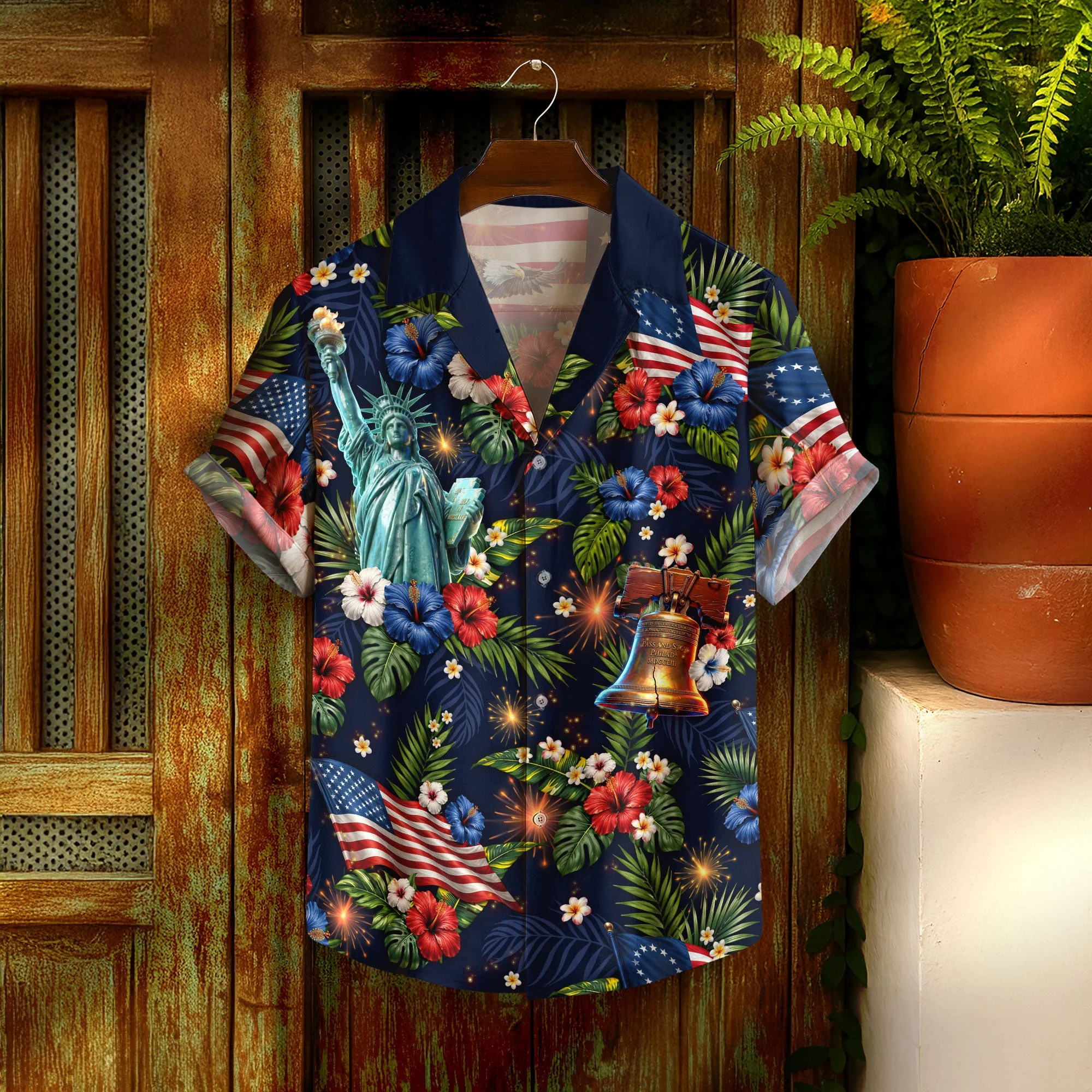 US Flag Hibiscus Floral Eagle Liberty Bell Hawaiian Shirt - Patriotic Gift For Him - Image 3