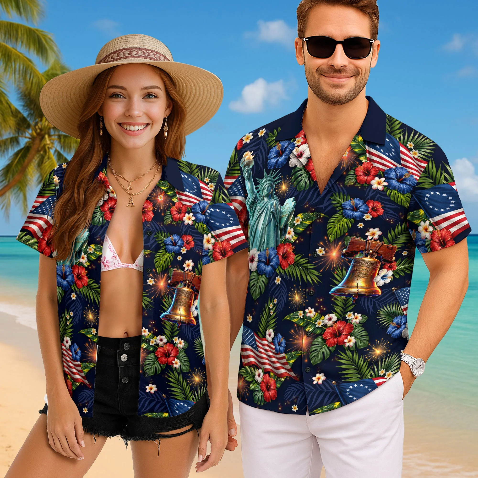 US Flag Hibiscus Floral Eagle Liberty Bell Hawaiian Shirt - Patriotic Gift For Him - Image 4