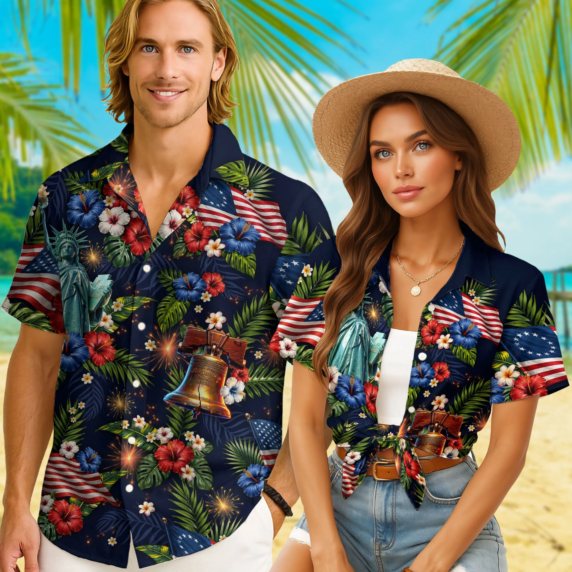 US Flag Hibiscus Floral Eagle Liberty Bell Hawaiian Shirt - Patriotic Gift For Him - Image 5