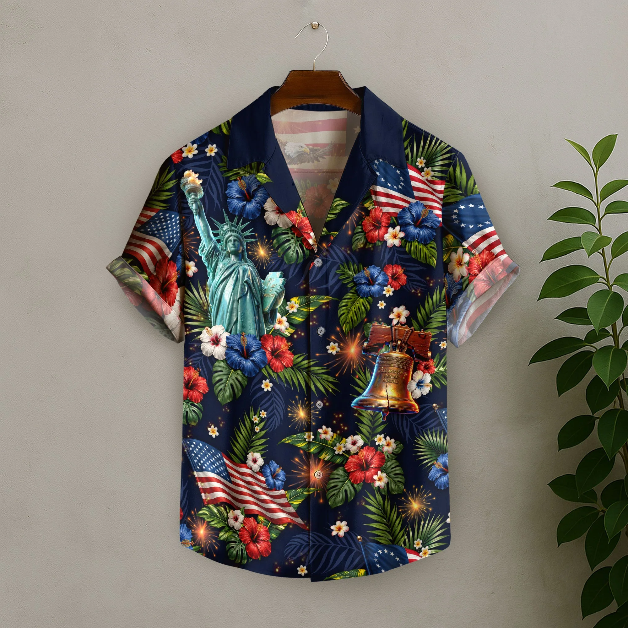 US Flag Hibiscus Floral Eagle Liberty Bell Hawaiian Shirt - Patriotic Gift For Him - Image 6