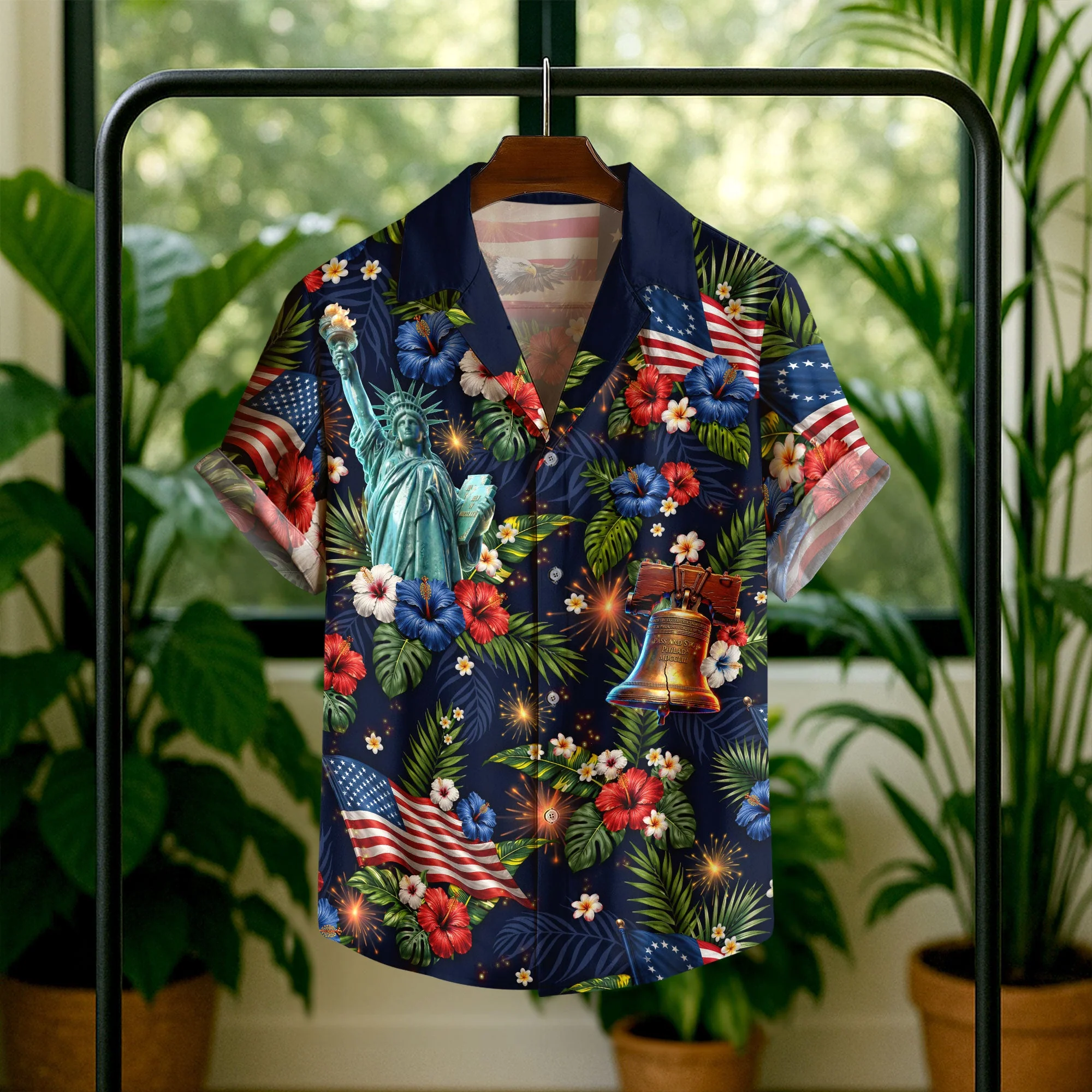US Flag Hibiscus Floral Eagle Liberty Bell Hawaiian Shirt - Patriotic Gift For Him - Image 7