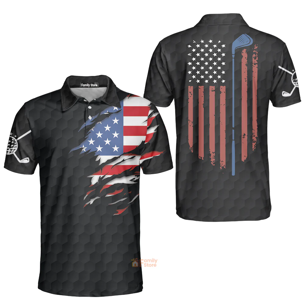 US Flag Teared Golf Pattern Golf Men Polo Shirt - Image 3