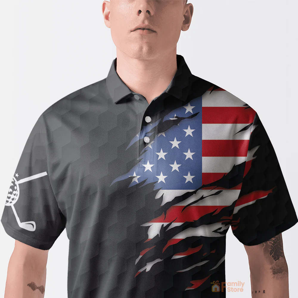US Flag Teared Golf Pattern Golf Men Polo Shirt - Image 4
