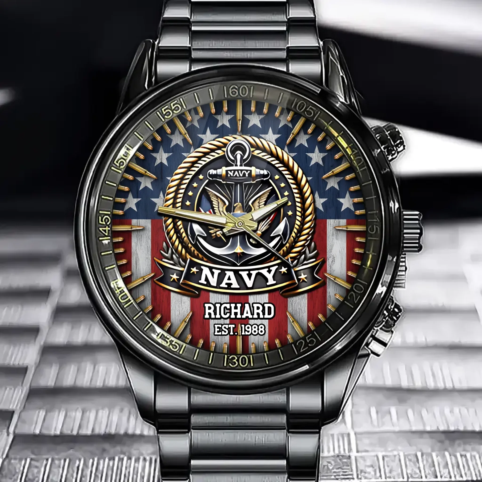 US Navy Veteran Anchor American Flag - Personalized Hand Watch -  Gift For Patriots