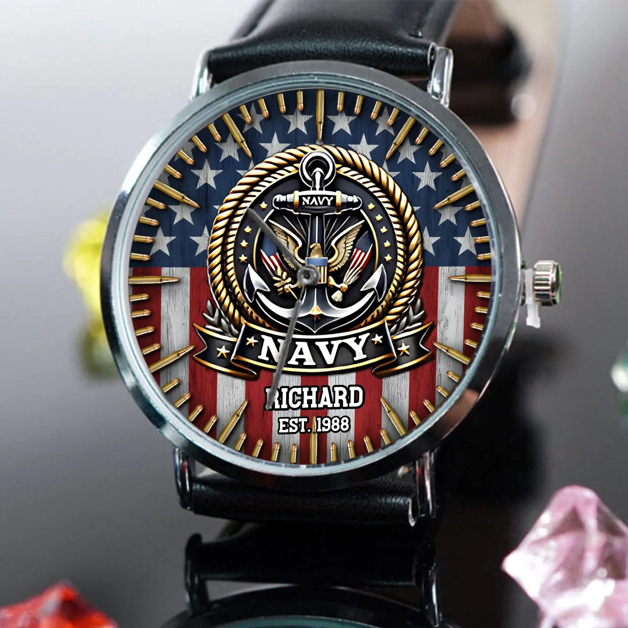 US Navy Veteran Anchor American Flag - Personalized Hand Watch -  Gift For Patriots - Image 2