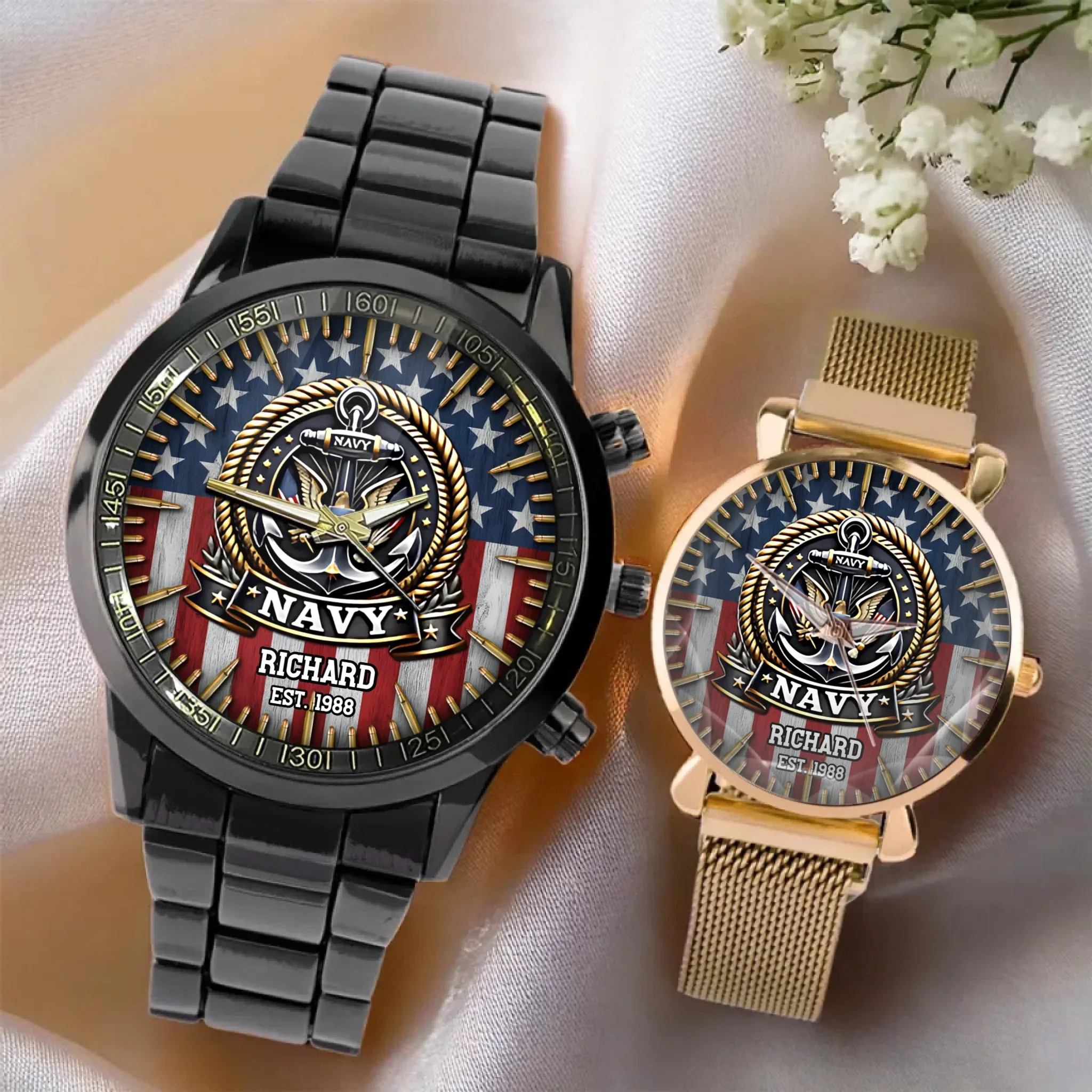 US Navy Veteran Anchor American Flag - Personalized Hand Watch -  Gift For Patriots - Image 3