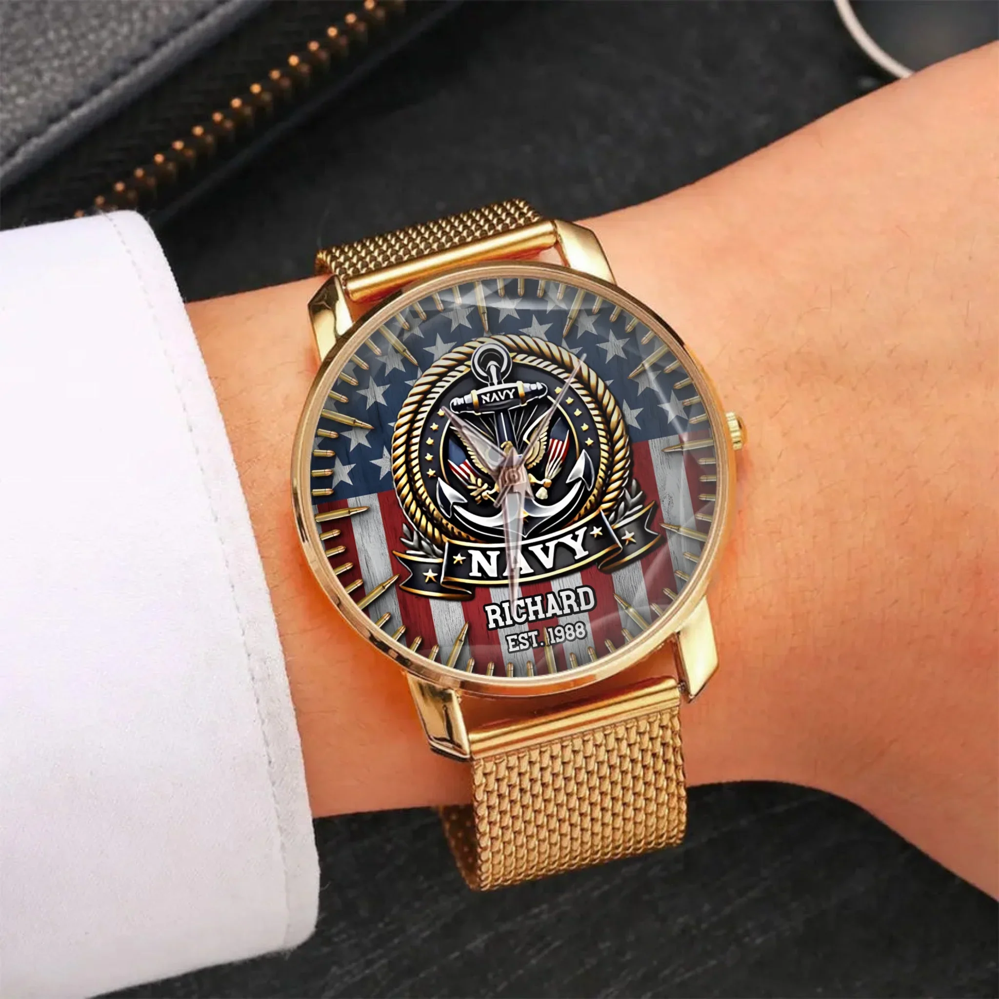 US Navy Veteran Anchor American Flag - Personalized Hand Watch -  Gift For Patriots - Image 4