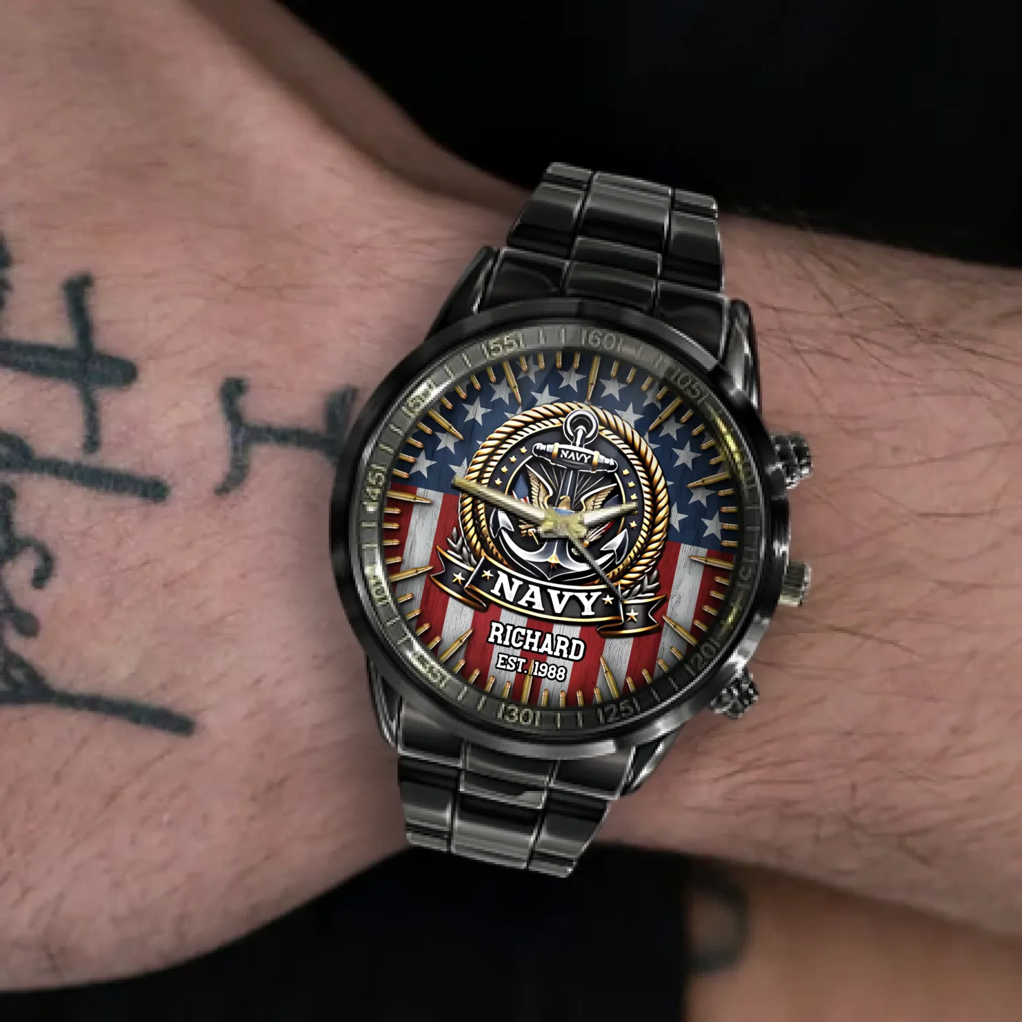 US Navy Veteran Anchor American Flag - Personalized Hand Watch -  Gift For Patriots - Image 6