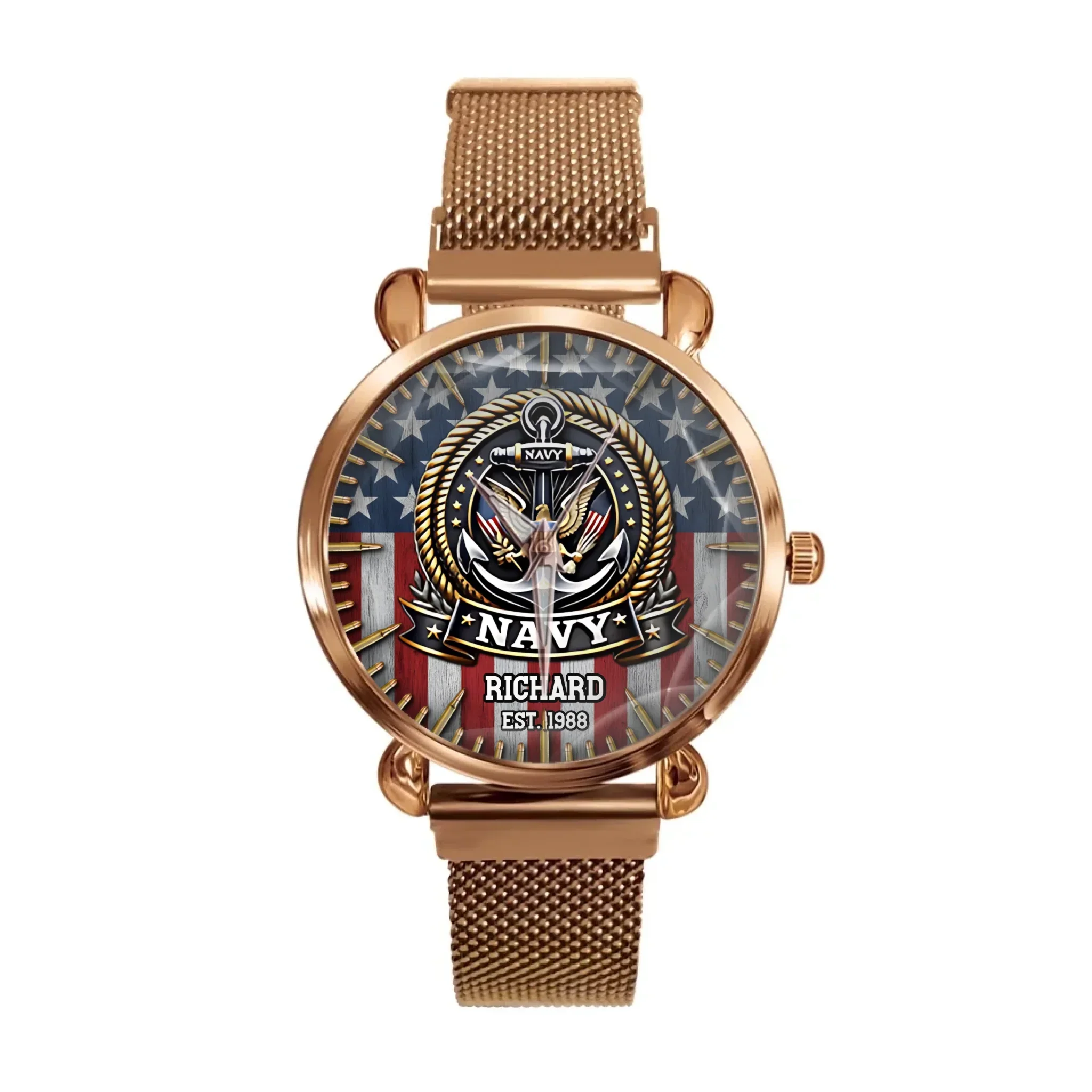 US Navy Veteran Anchor American Flag - Personalized Hand Watch -  Gift For Patriots - Image 9