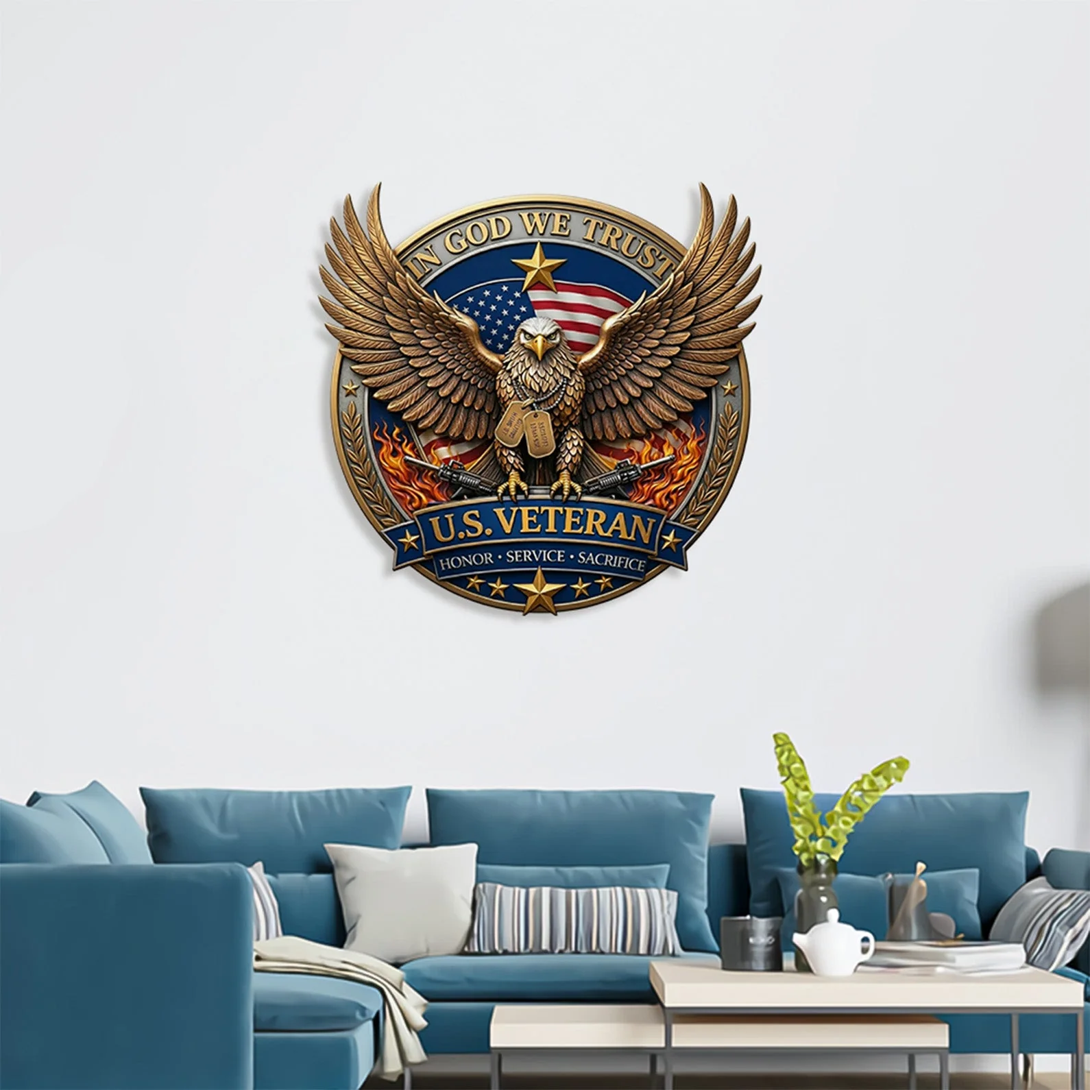 U.S. Veteran Eagle In God We Trust Patriotic Wall Decor - Personalized Shaped Metal Sign - Gift For Family