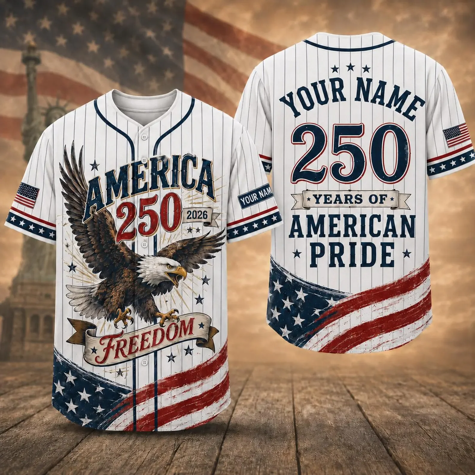 USA 250 Years American Pride Pinstripe Eagle - Personalized Baseball Jersey - Gift For Him