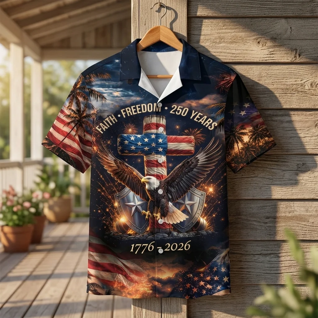 USA 250 Years Faith Freedom Cross Eagle - Hawaiian Shirt - Gift For Him - Image 4