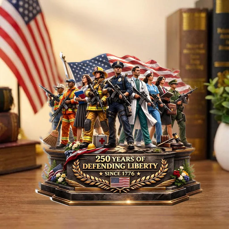 USA 250 Years Of Defending Liberty Military And First Responders Figurine - Personalized Acrylic Plaque - Gift For Patriots