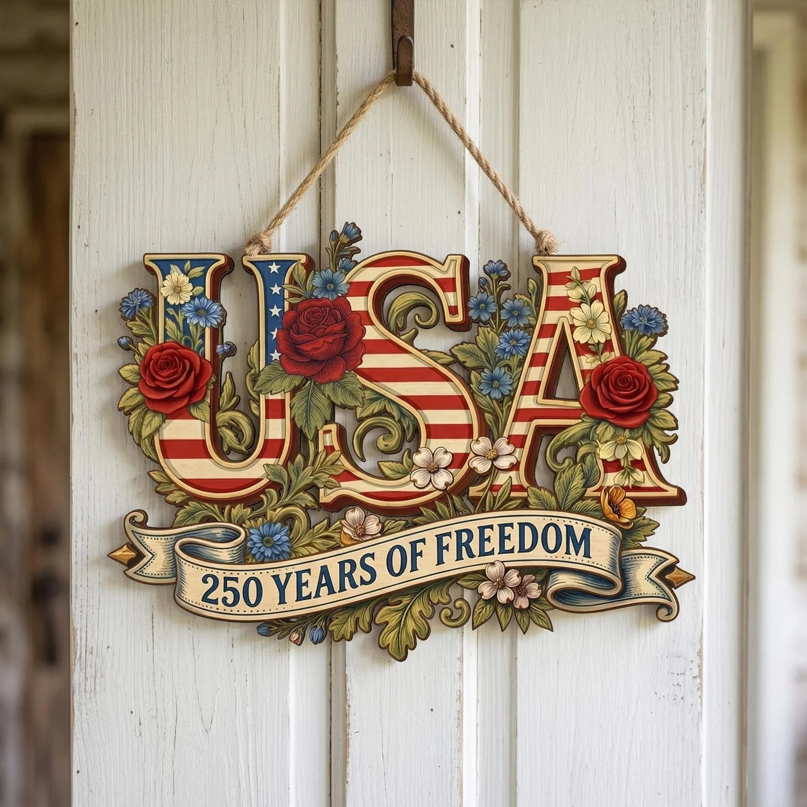 USA 250 Years Of Freedom Floral - Personalized Wood Sign - Gift For Patriots