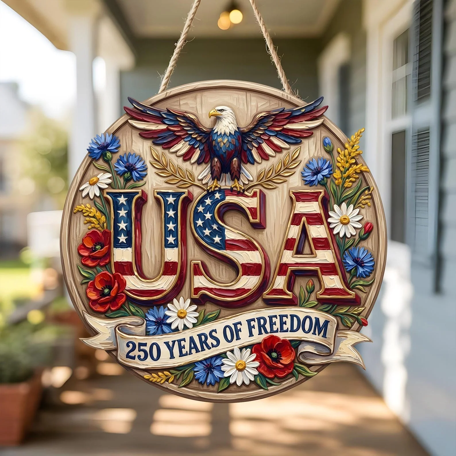 USA 250 Years of Freedom Patriotic Eagle Wreath - Wood Sign - Gift For Patriotic Family