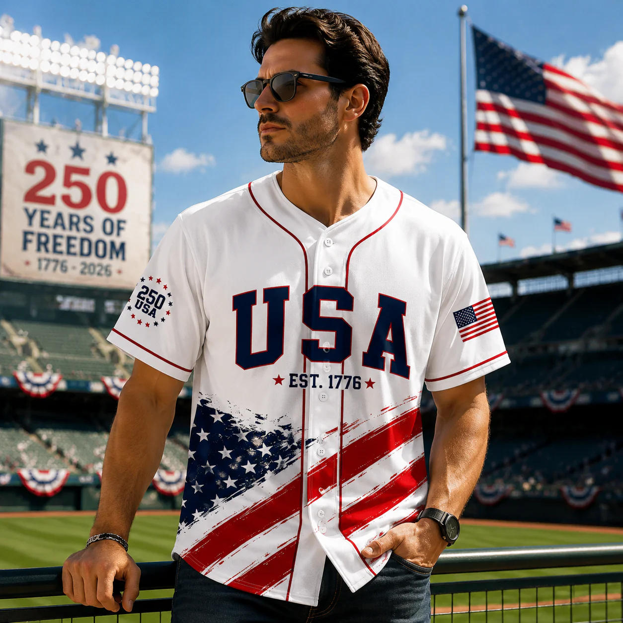 USA 250 Years of Freedom Red White Blue Cowboy - Baseball Jersey - Gift For Patriots - Image 2