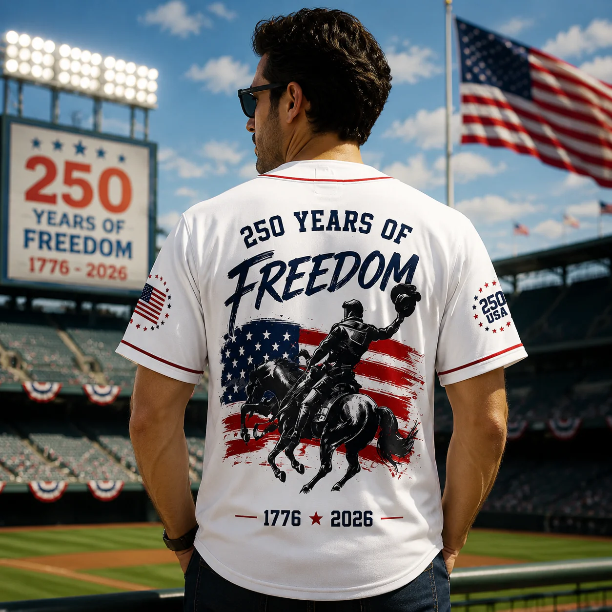 USA 250 Years of Freedom Red White Blue Cowboy - Baseball Jersey - Gift For Patriots - Image 3