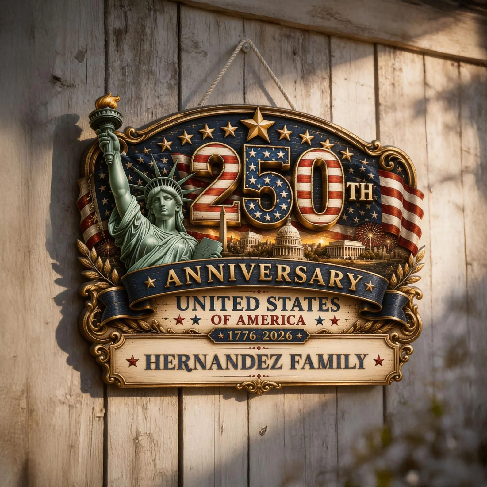USA 250th Anniversary American Flag Statue Of Liberty - Personalized Wood Sign - Gift For Patriotic Family