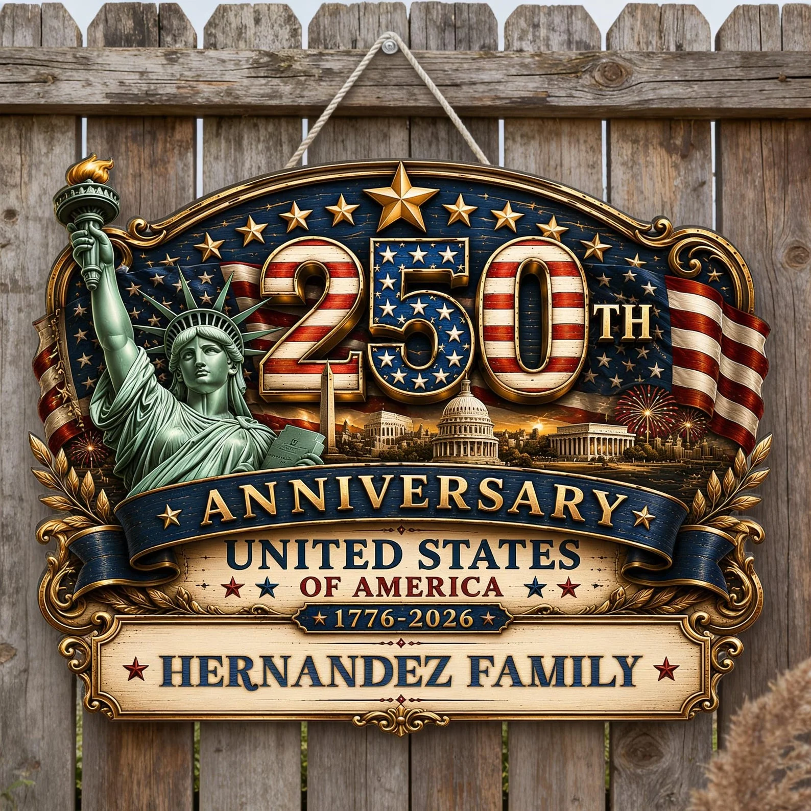 USA 250th Anniversary American Flag Statue Of Liberty - Personalized Wood Sign - Gift For Patriotic Family - Image 5
