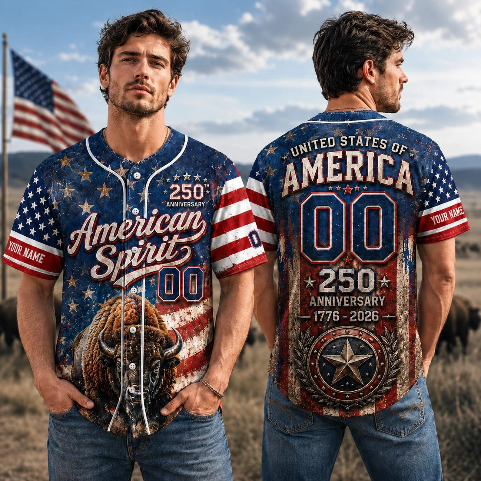 USA 250th Anniversary American Spirit Bison - Personalized Baseball Jersey - Gift For Him - Image 3