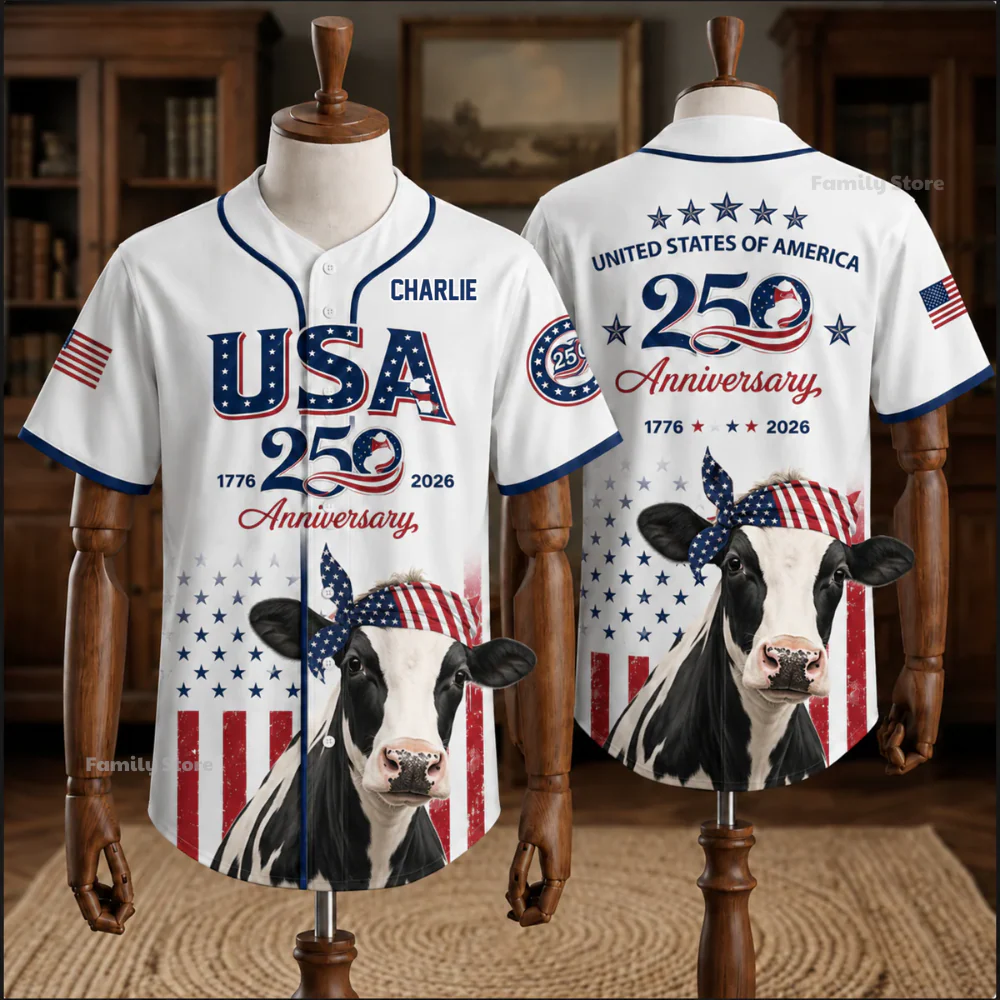 USA 250th Anniversary Holstein Cow - Personalized Baseball Jersey - Patriotic Gift For Farmer