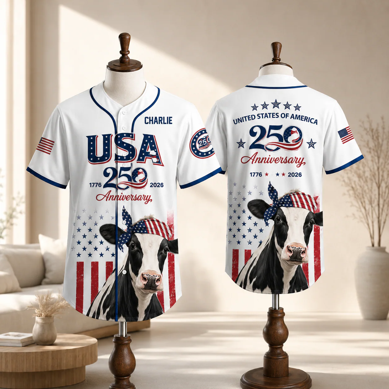 USA 250th Anniversary Holstein Cow - Personalized Baseball Jersey - Patriotic Gift For Farmer - Image 2