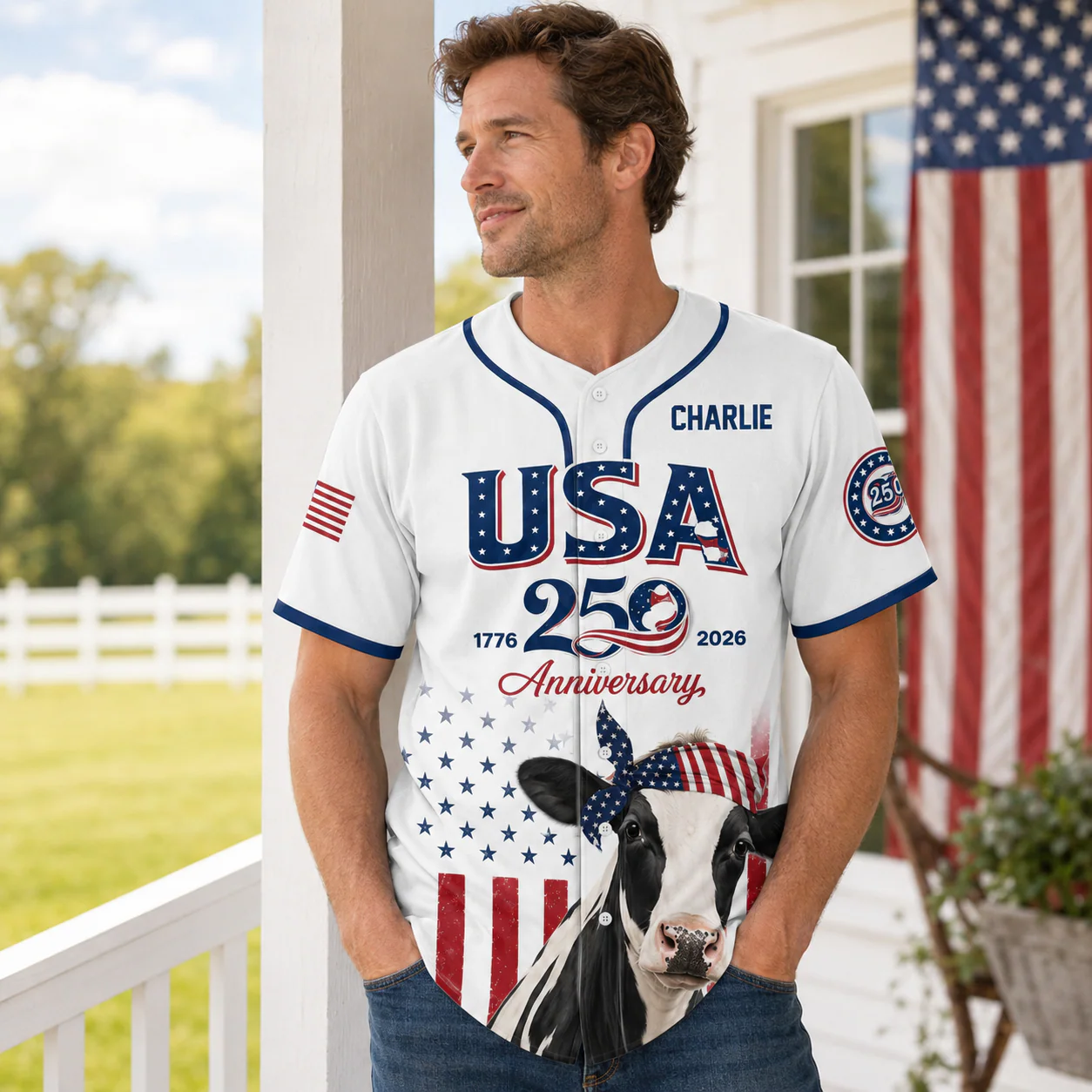 USA 250th Anniversary Holstein Cow - Personalized Baseball Jersey - Patriotic Gift For Farmer - Image 3