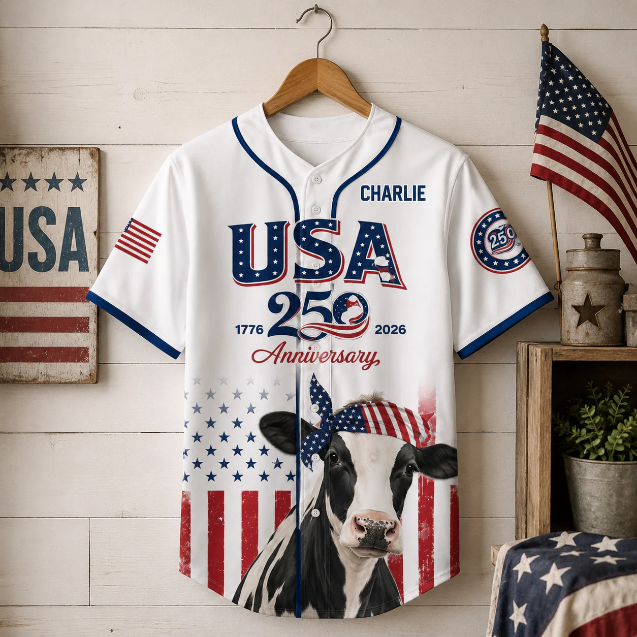 USA 250th Anniversary Holstein Cow - Personalized Baseball Jersey - Patriotic Gift For Farmer - Image 5