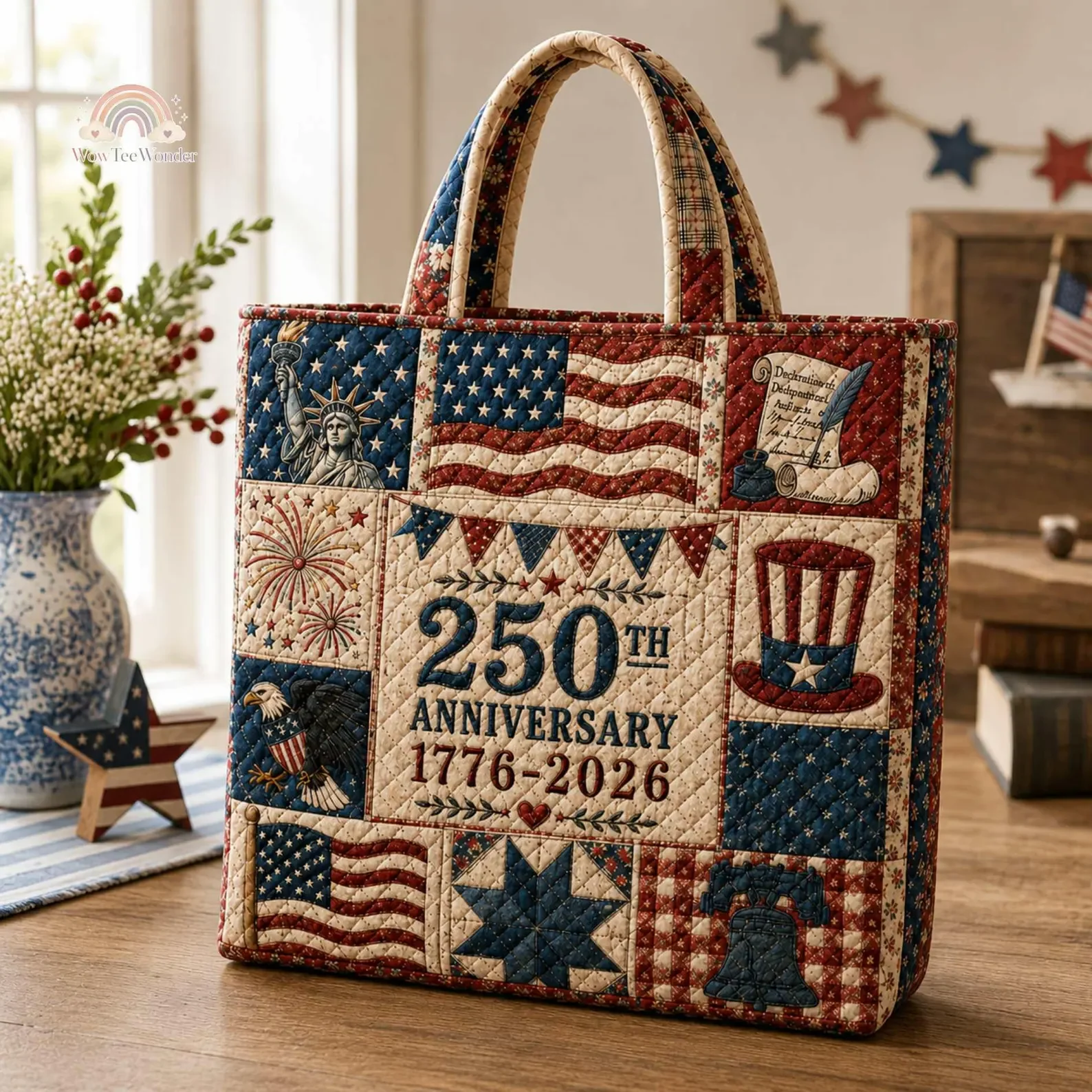 USA 250th Anniversary Patchwork Blue Stripe - Quilted Tote Bag - Gift For Patriots
