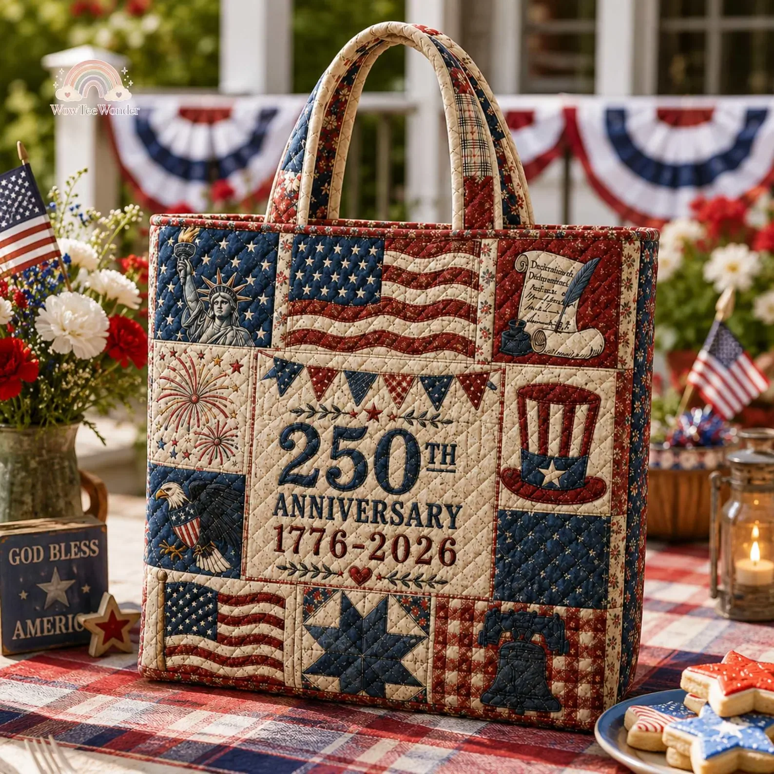 USA 250th Anniversary Patchwork Blue Stripe - Quilted Tote Bag - Gift For Patriots - Image 2