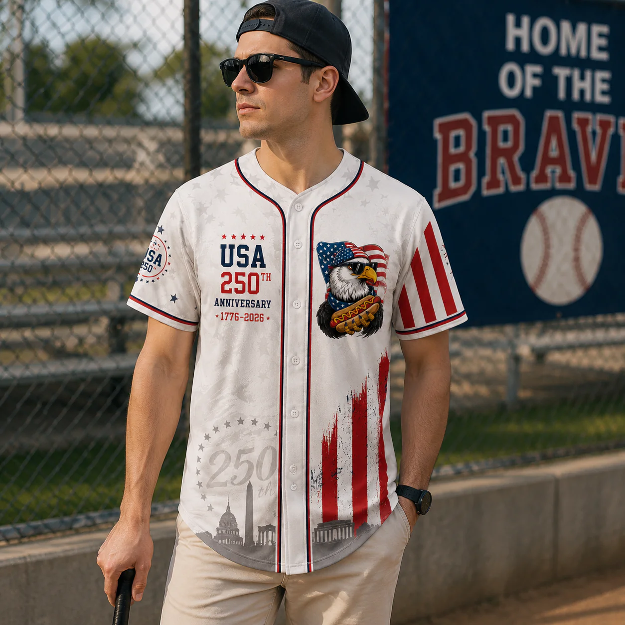 USA 250th Anniversary Patriotic Eagle Holding Hot Dog - Personalized Baseball Jersey - Gift For Patriots - Image 2