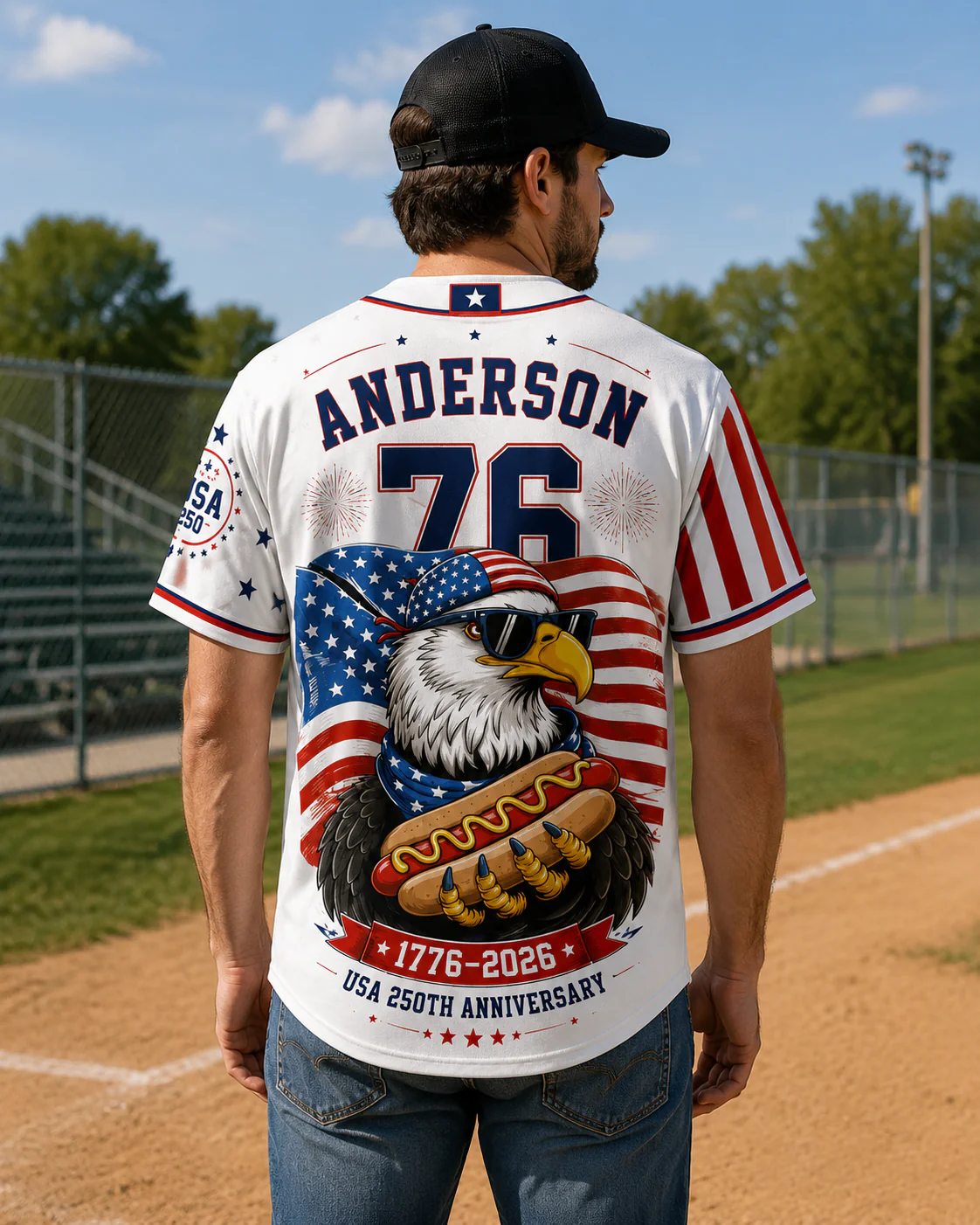 USA 250th Anniversary Patriotic Eagle Holding Hot Dog - Personalized Baseball Jersey - Gift For Patriots - Image 3