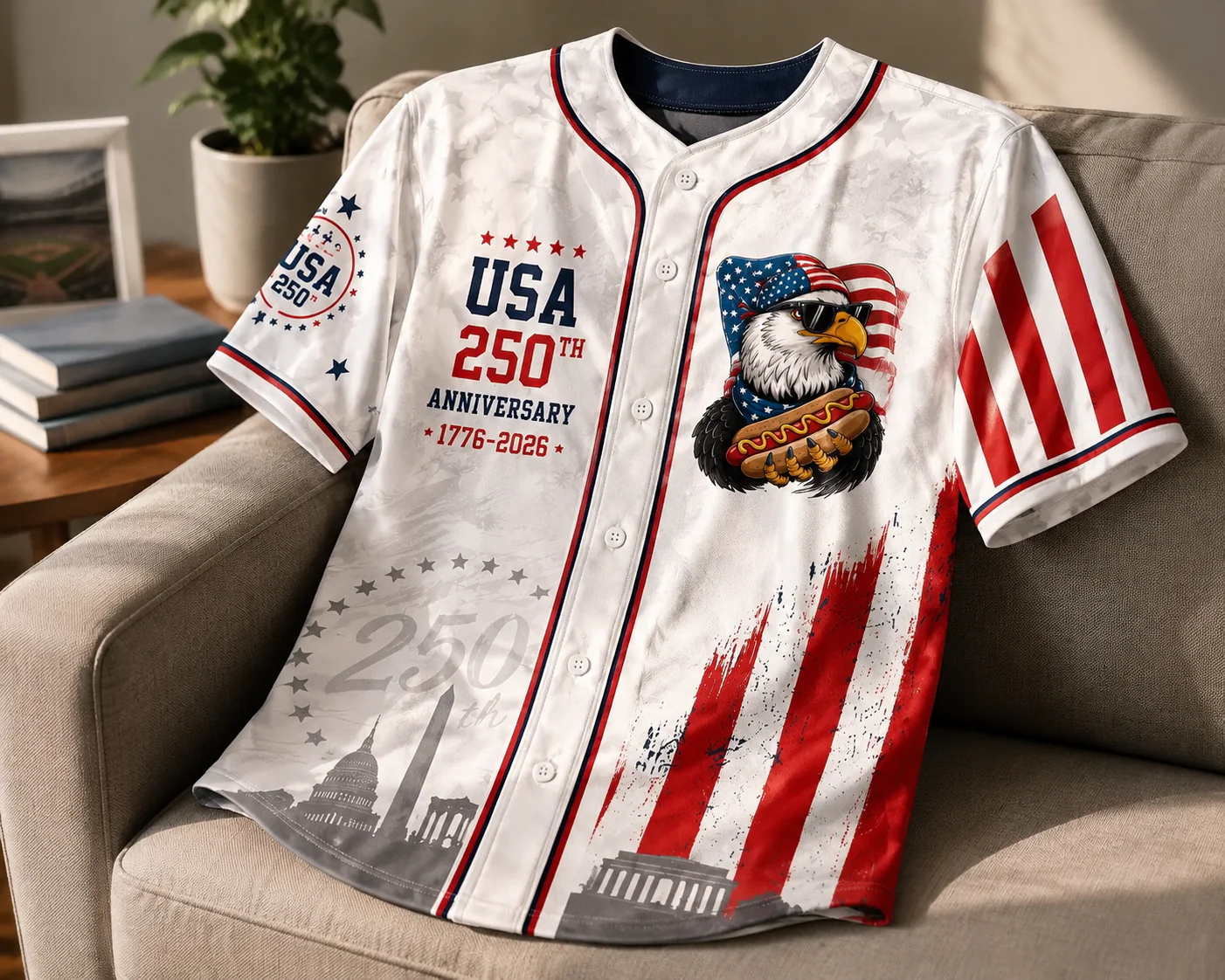 USA 250th Anniversary Patriotic Eagle Holding Hot Dog - Personalized Baseball Jersey - Gift For Patriots - Image 5