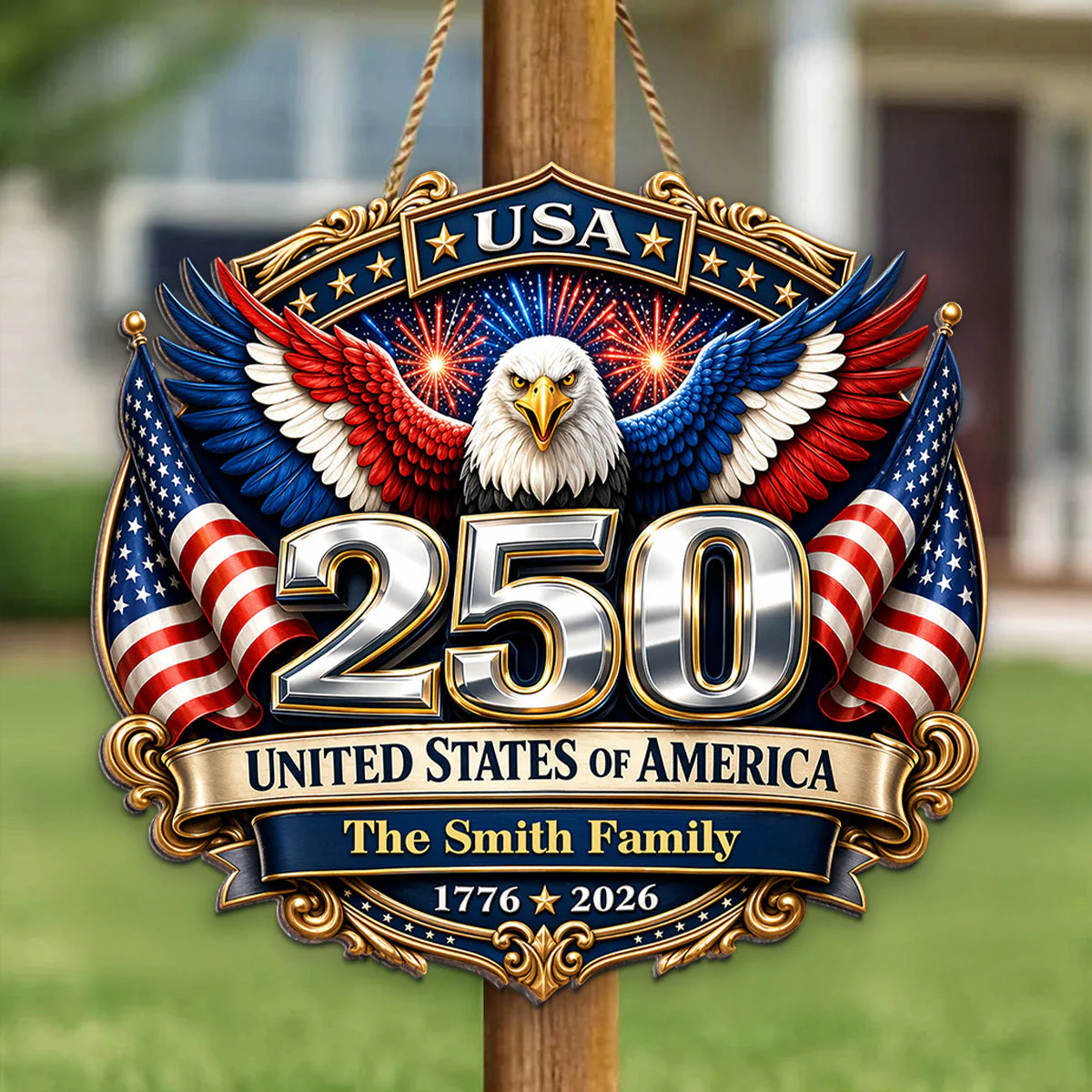 USA 250th Anniversary Patriotic Eagle - Personalized Wooden Sign - Gift For Patriotic Family