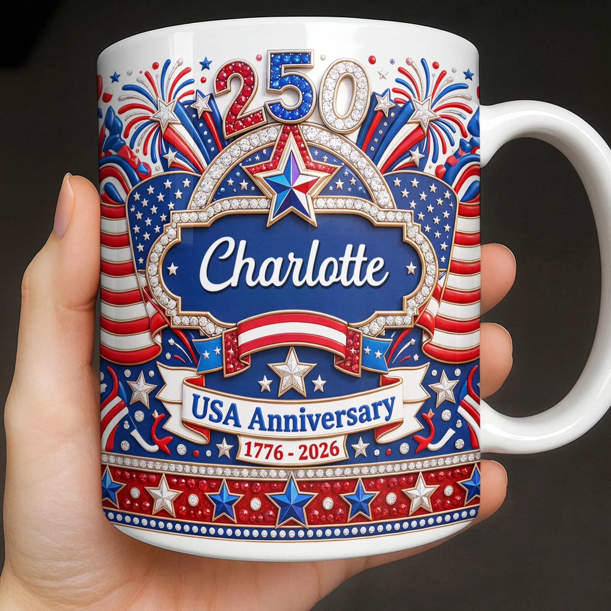 USA 250th Anniversary Patriotic Glitter Stars - Personalized White Mug - Gift For Her