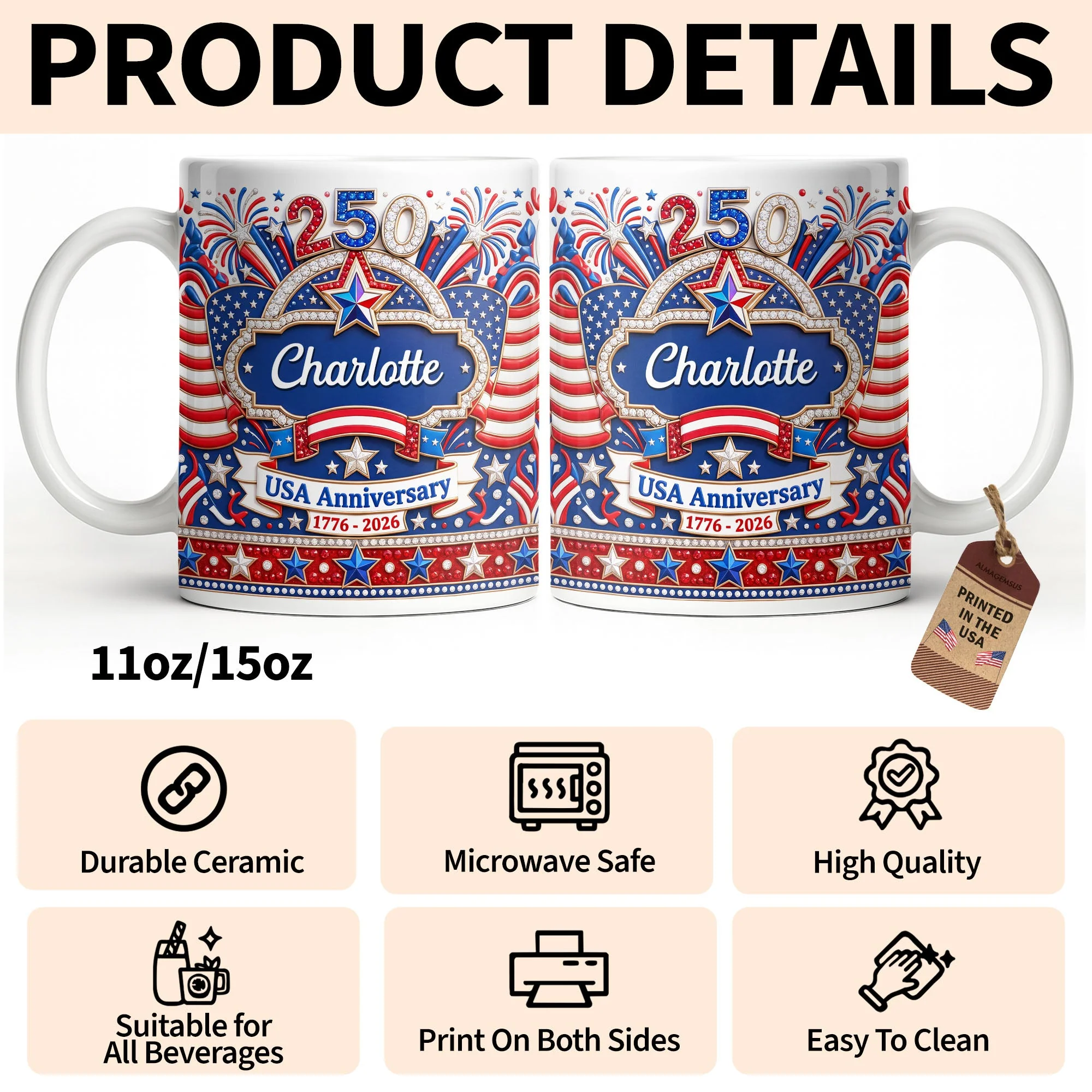 USA 250th Anniversary Patriotic Glitter Stars - Personalized White Mug - Gift For Her - Image 10