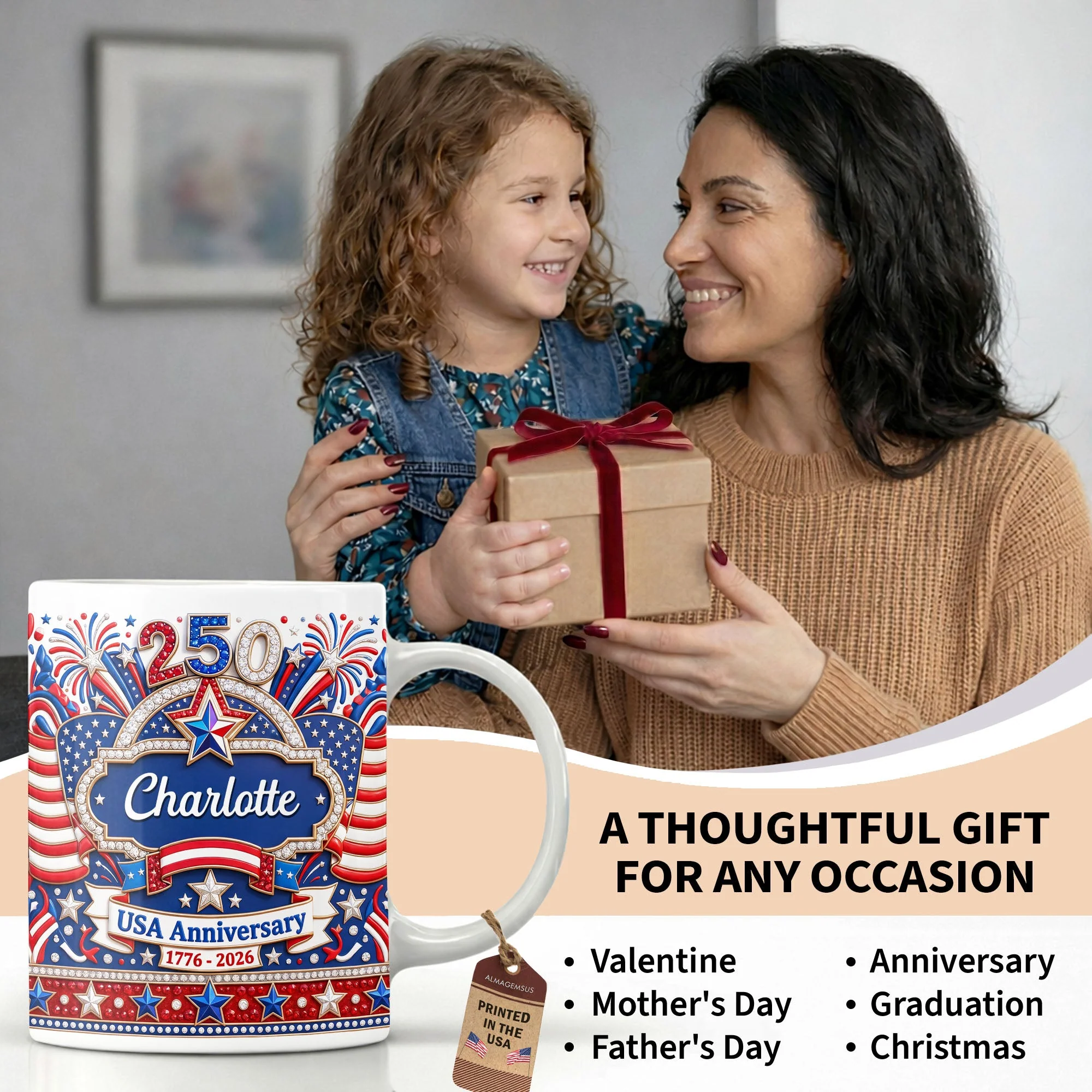 USA 250th Anniversary Patriotic Glitter Stars - Personalized White Mug - Gift For Her - Image 11