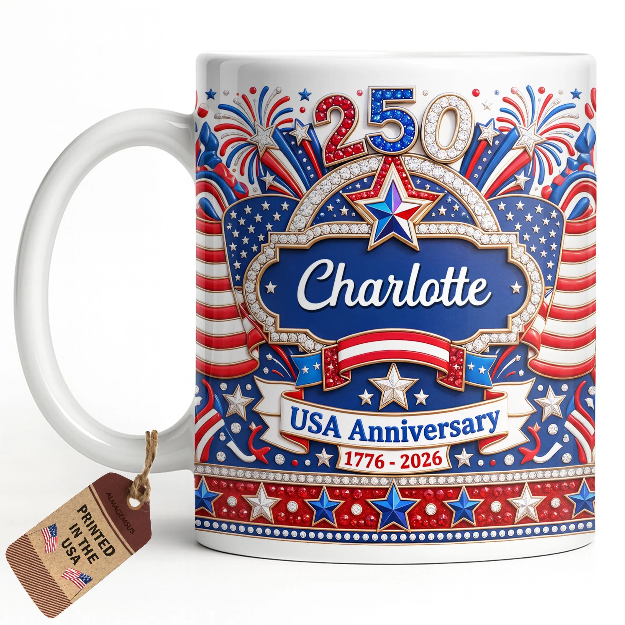 USA 250th Anniversary Patriotic Glitter Stars - Personalized White Mug - Gift For Her - Image 12