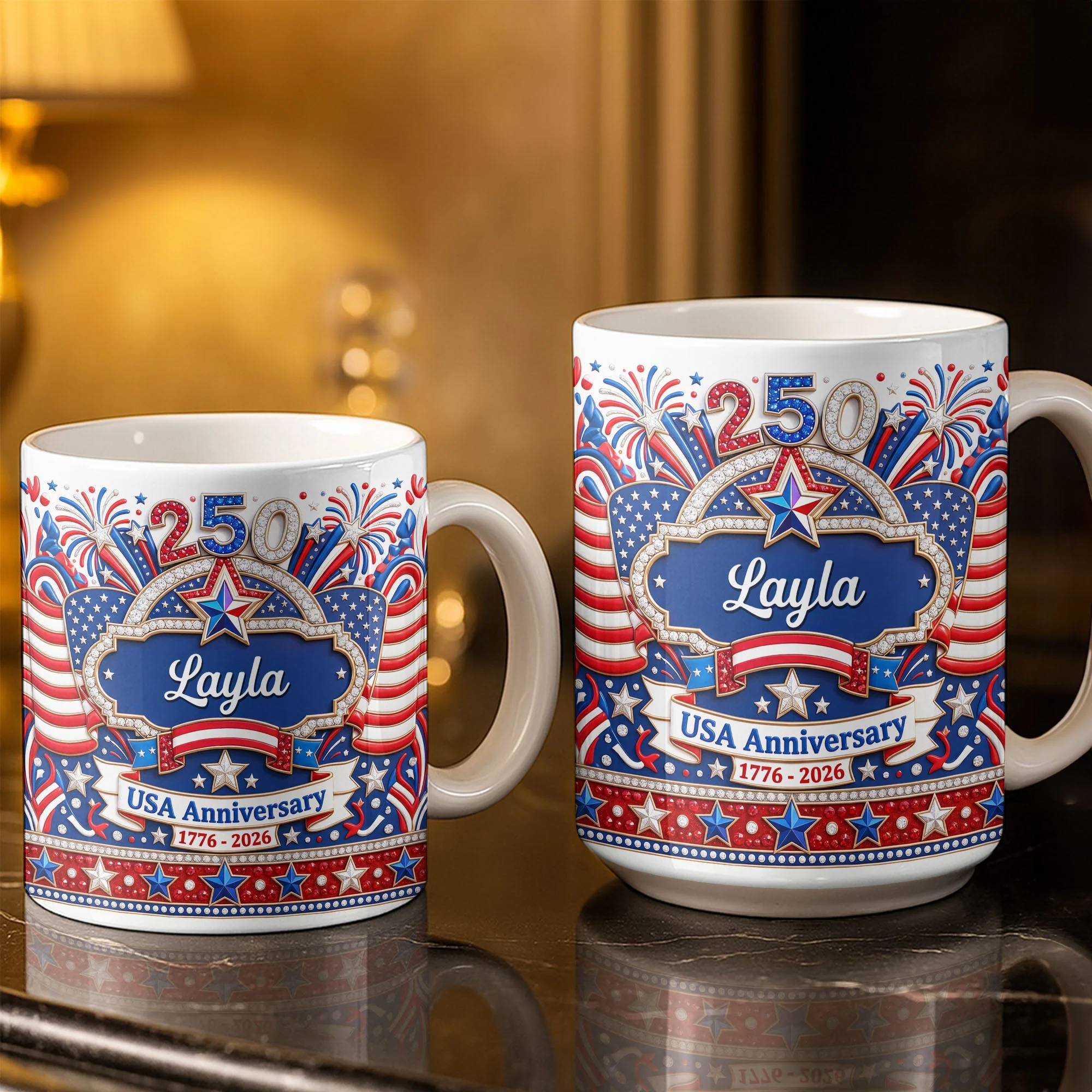 USA 250th Anniversary Patriotic Glitter Stars - Personalized White Mug - Gift For Her - Image 2