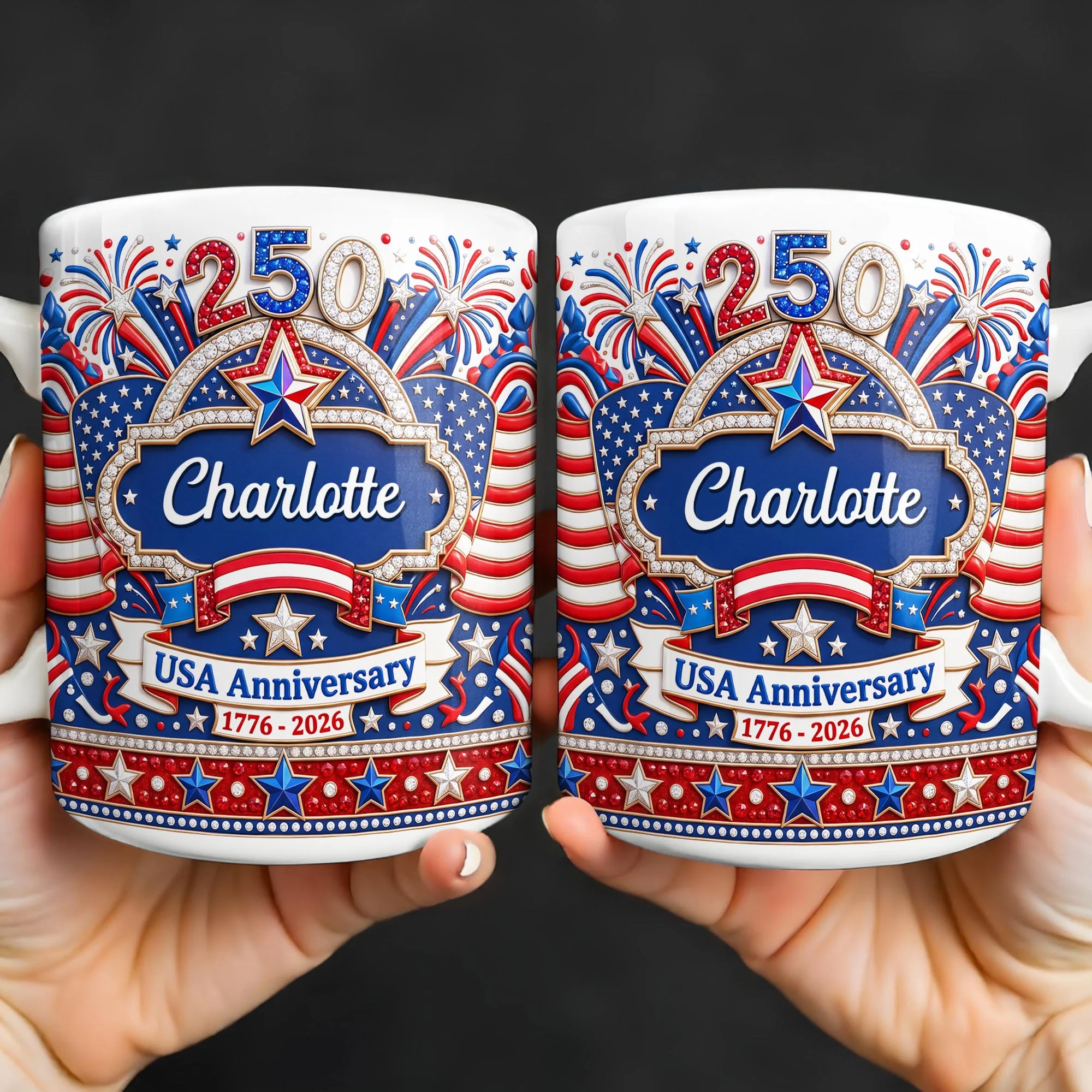 USA 250th Anniversary Patriotic Glitter Stars - Personalized White Mug - Gift For Her - Image 4