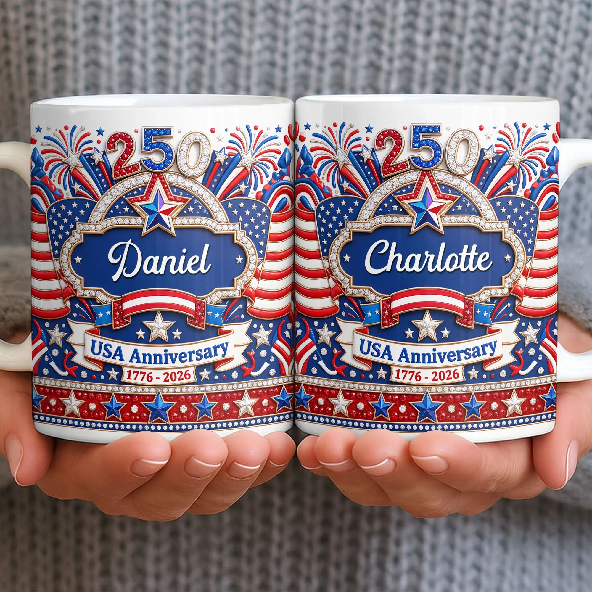 USA 250th Anniversary Patriotic Glitter Stars - Personalized White Mug - Gift For Her - Image 6
